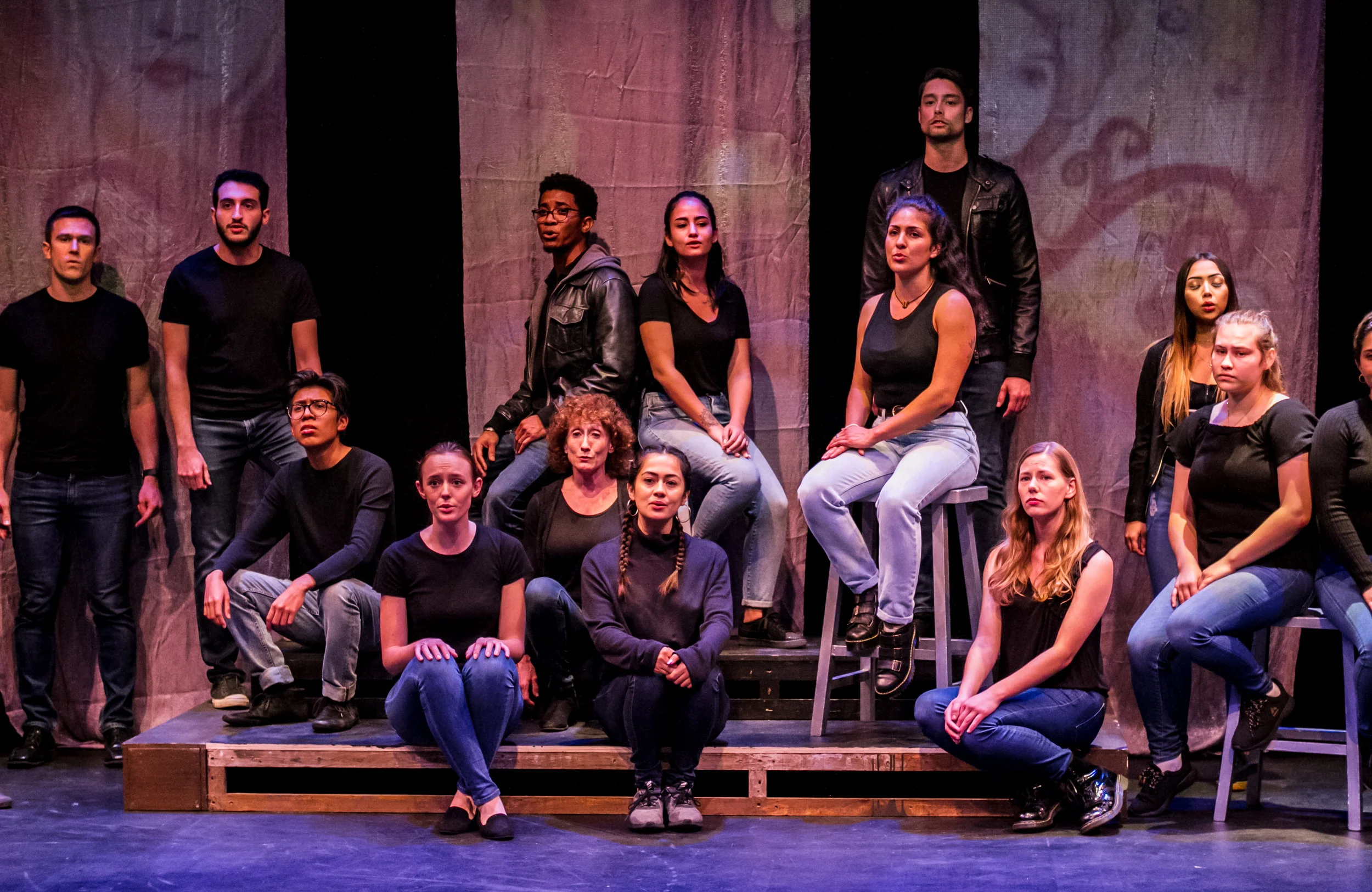 Cast of Voices of Hope sit during a moment cofessions about sexual assault and domestice violence. Dress rehearsal production was in the Santa Monica College's (SMC) Sound Stage Oct. 30, 2018. (Yasser Marte/Corsair Staff)