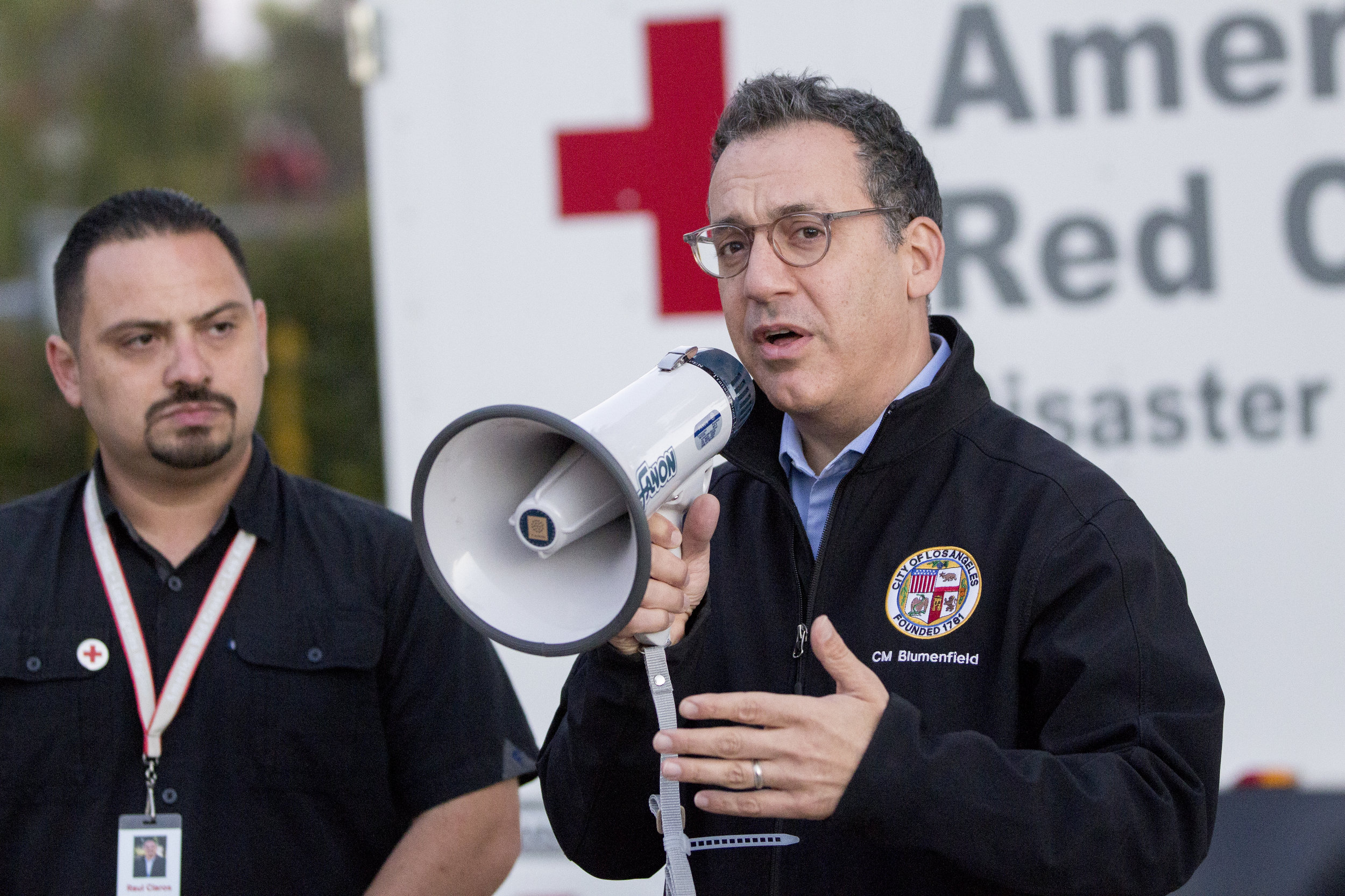  Councilmember Bob Blumenfield speaks to evacuees at the Woolsey fire evacuation center set up at Los Angeles Pierce College on November 9, 2018 in Woodland Hills, Calif. (Jose Lopez) 
