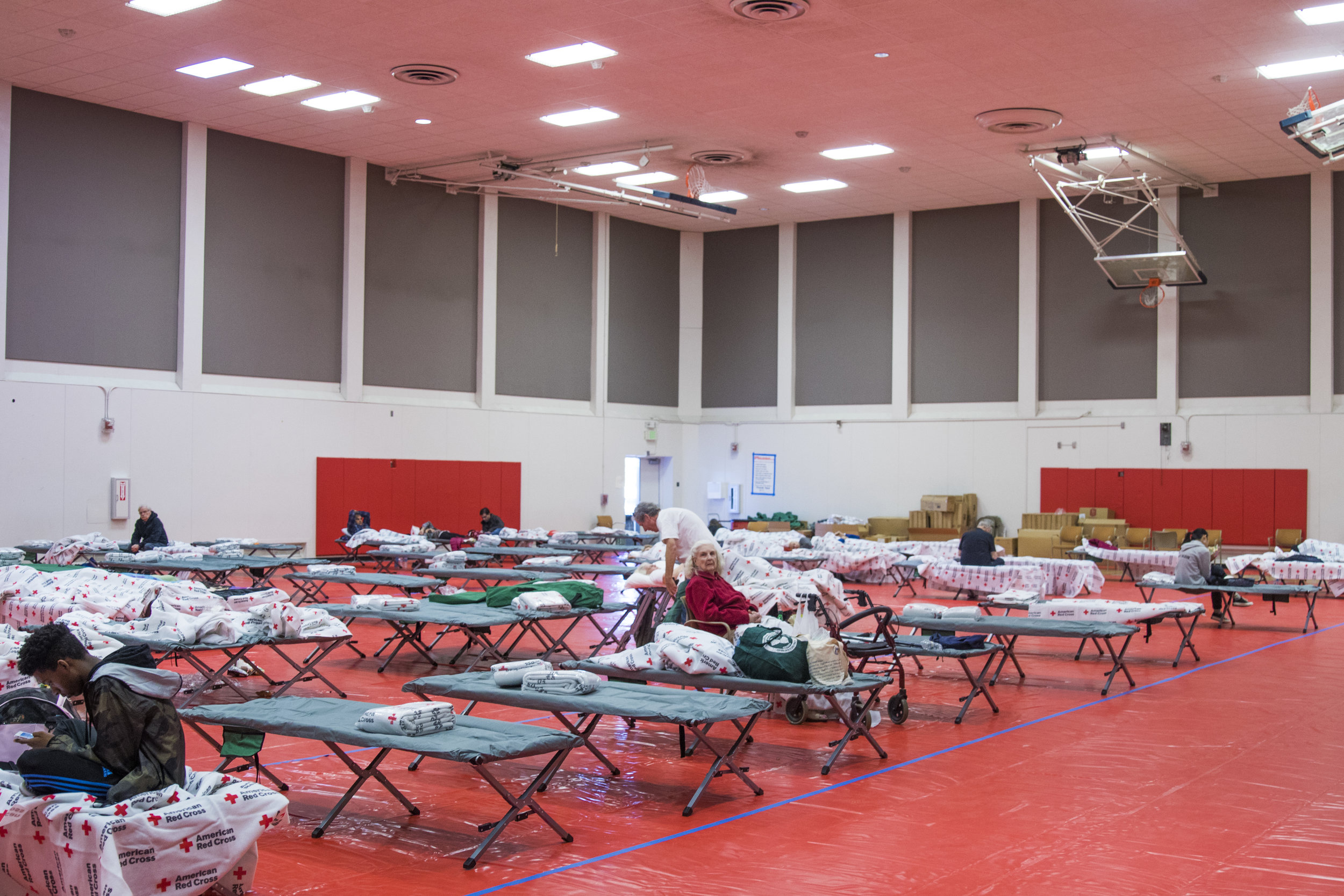  The inside of Pierce College's North Gym has been turned into an evacuation center for people seeking refuge from the Woolsey Fire on November 9, 2018. The college is located in Woodland Hills, California. (Zane Meyer-Thornton/Corsair Photo) 