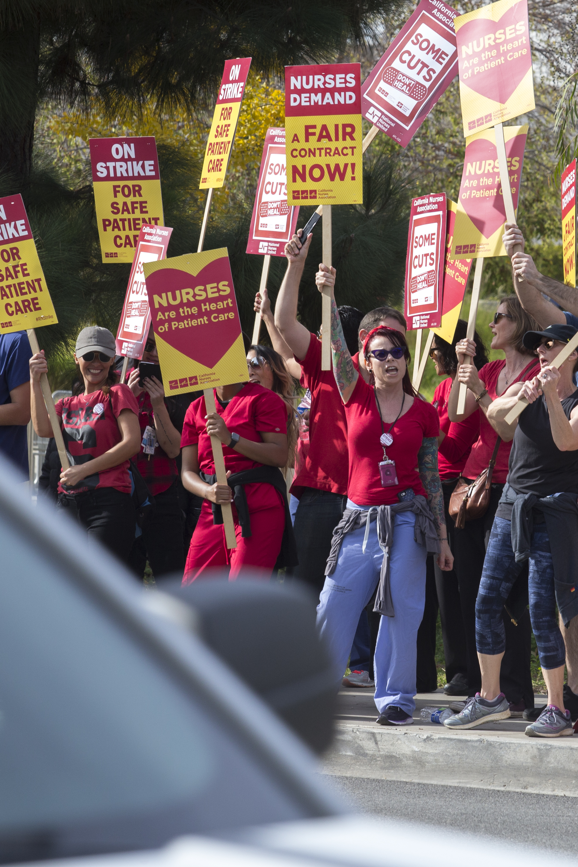  Members of the California Nurses Association protest at a Nurses Strike outside of Providence Saint Johns Health Center in Santa Monica, California on November 27, 2018. The nurses were striking over the unfair treatment they are receiving from Prov