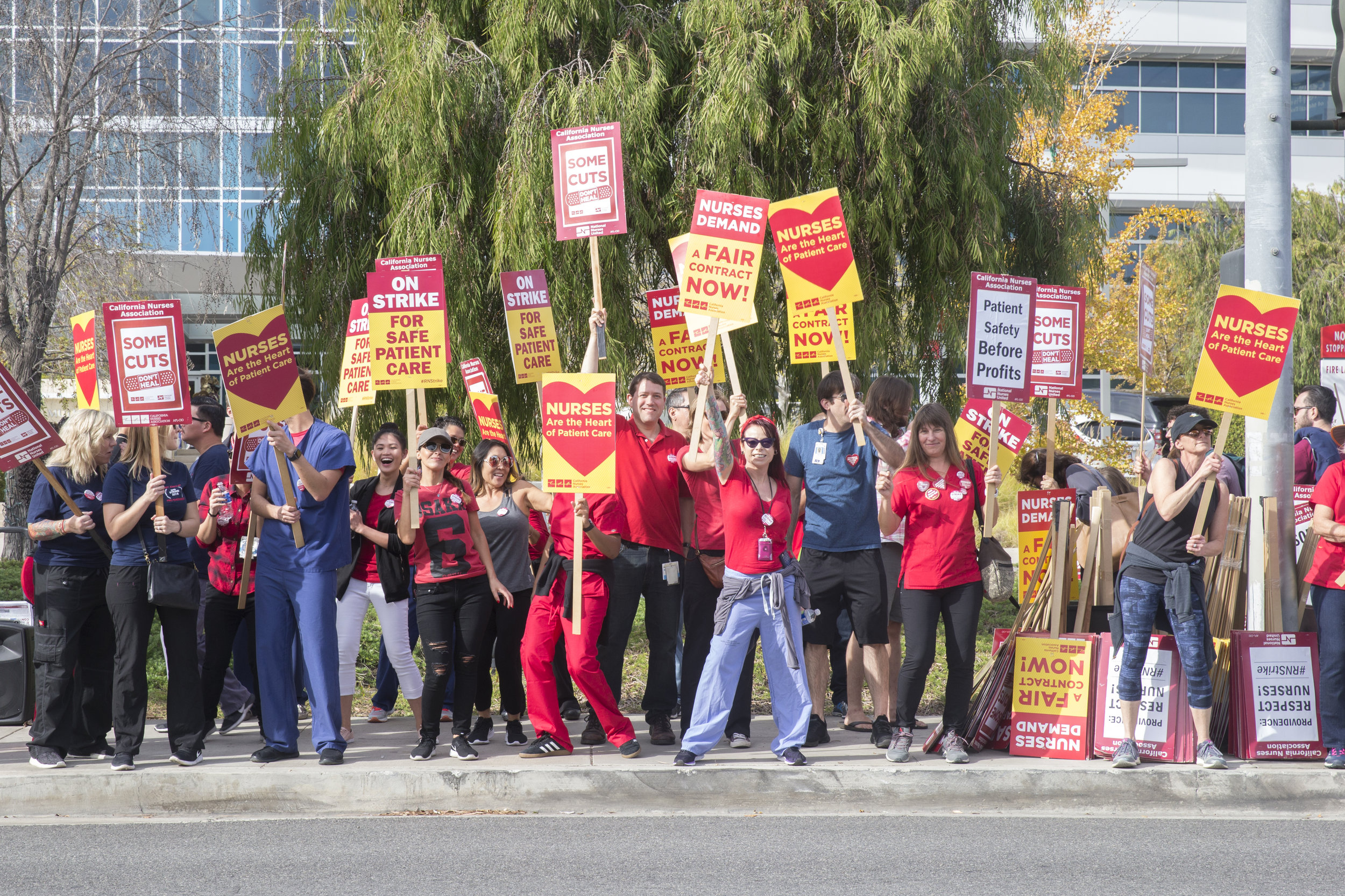  Members of the California Nurses Association protest at a Nurses Strike outside of Providence Saint Johns Health Center in Santa Monica, California on November 27, 2018. The nurses were striking over the unfair treatment they are receiving from Prov