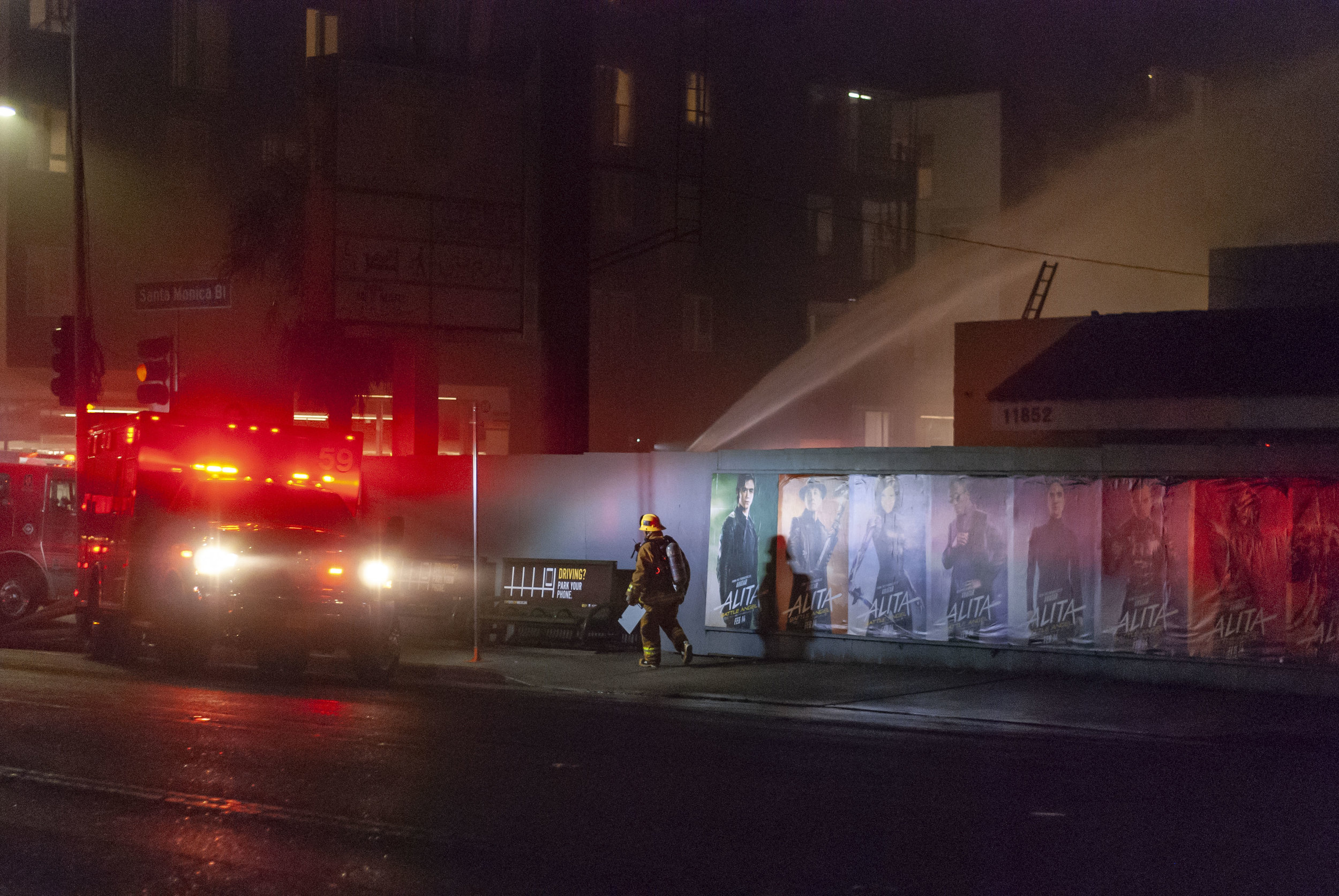  83 Los Angeles Fire Department firefighters combat a two-story commercial building fire on Wednesday, Feb. 27, 2019, at the 1500 block of Westgate Ave.  in Los Angeles, California. Numerous fire companies spent two hours and twenty-four minutes to e