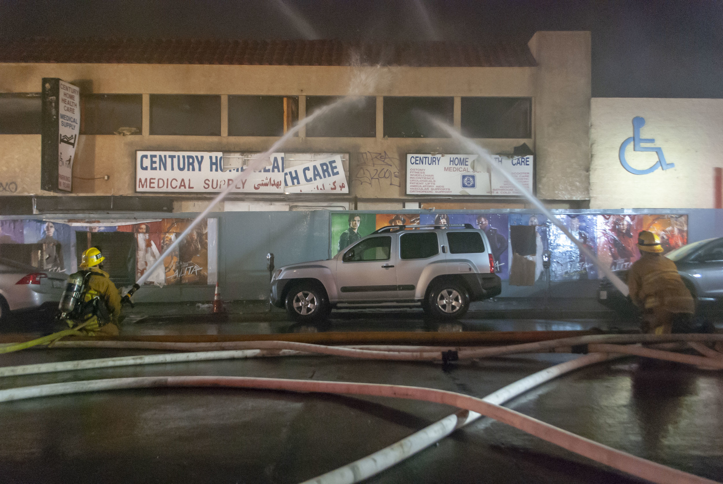  83 Los Angeles Fire Department firefighters combat a two-story commercial building fire on Wednesday, Feb. 27, 2019, at the 1500 block of Westgate Ave.  in Los Angeles, California. Numerous fire companies spent two hours and twenty-four minutes to e