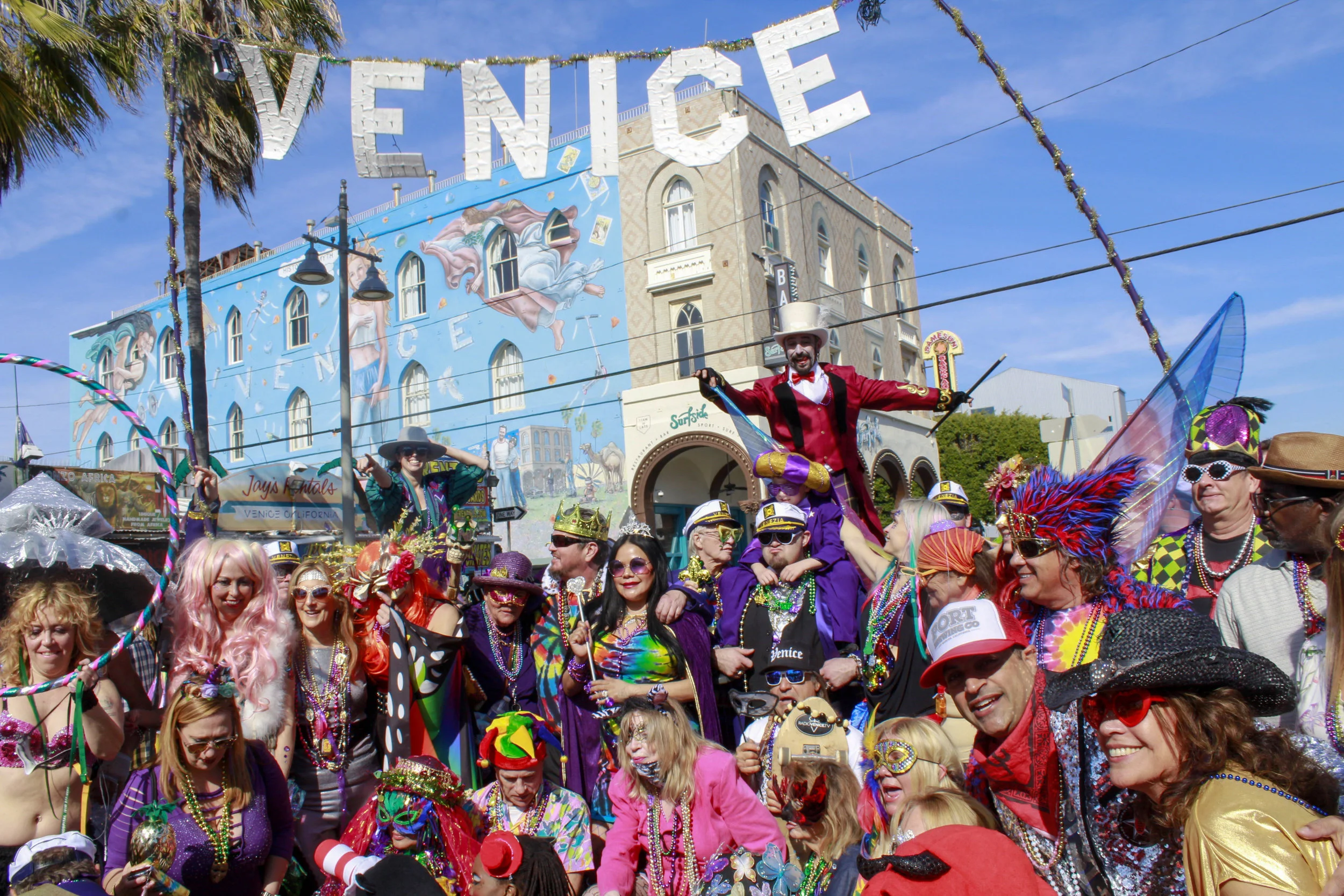 Final group photos taken at the end point of the 17th annual Venice Beach Mardi Gras parade in Los Angeles, California, on Feb 23, 2019. Photo by Danica Creahan.