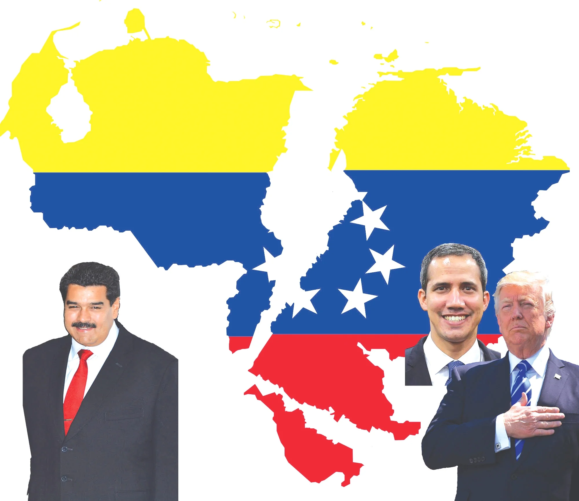 Illustration of Venezuela’s President Nicolás Maduro, Opposition leader Juan Guaido, and U.S. President Donald Trump amongst a divided Venezuela. (Illustration by Conner Savage)