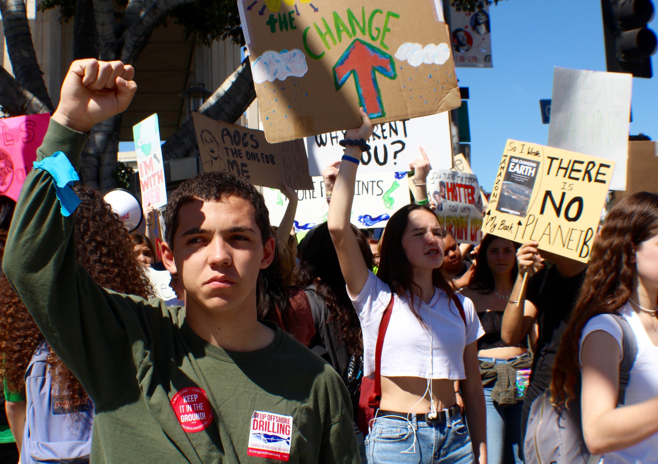  Youth strikers wait at an intersection to join the rest of the group on March 15 for the #FridayforFuture Climate Strike in downtown Los Angeles. (Pyper Witt/ Corsair Staff) 
