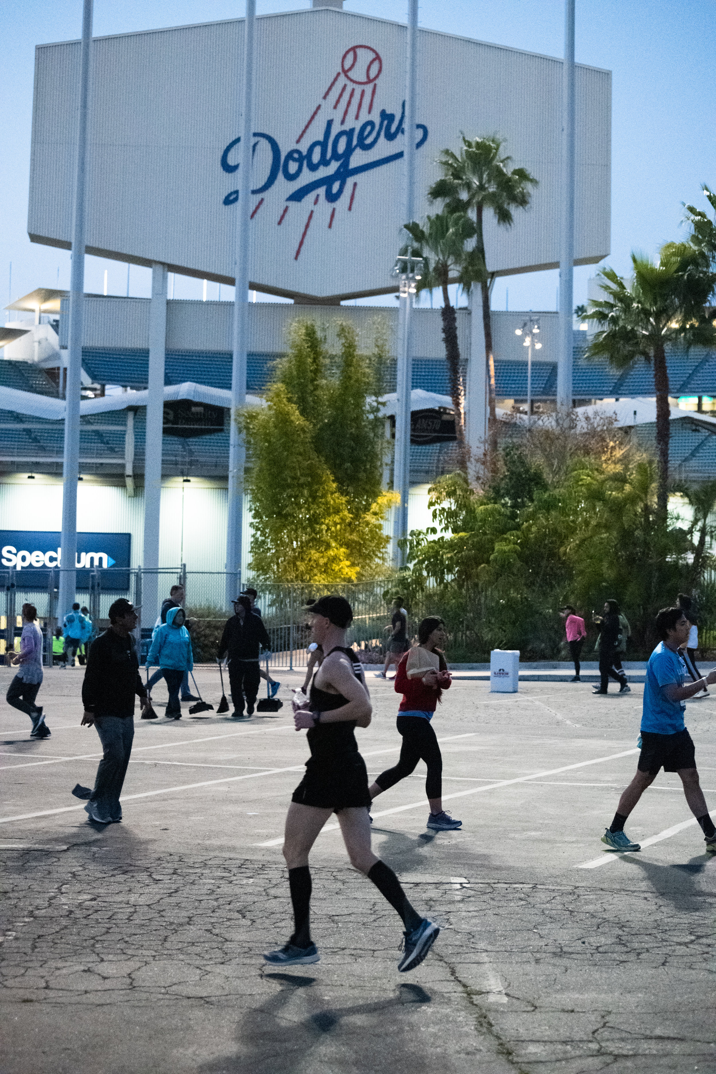  Runners warm-up in the parking lot of Dodger Stadium at the 34th Los Angeles Marathon, Sunday morning, March 24, 2019, in Los Angeles, Calif. (Nicole Haun) 