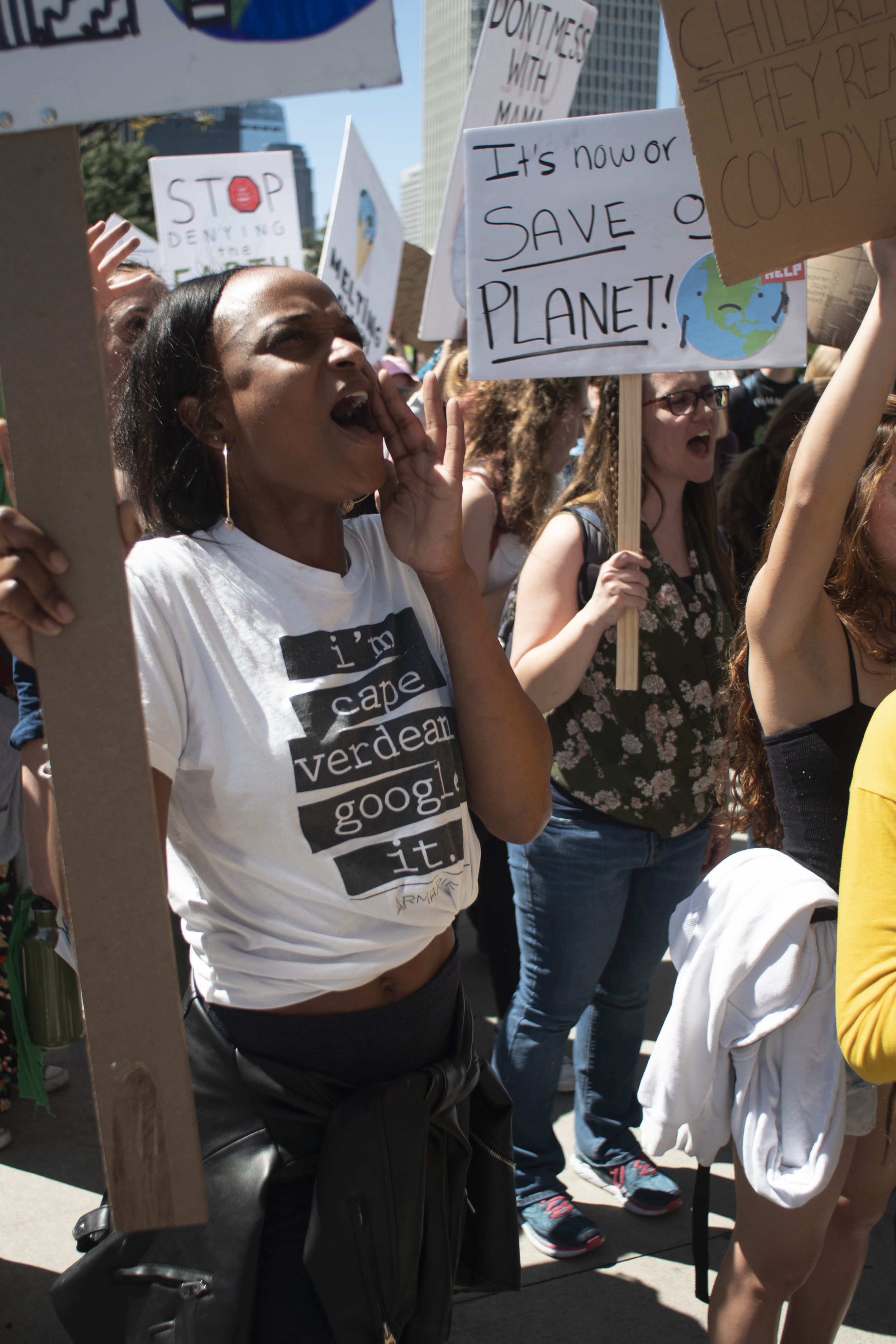  Young activist, sing, cheer, chant, and thrust signs into the air as they call for action while marching towards City Hall, in downtown Los Angeles during the International Youth Climate Strike, on Friday March 15, 2019. The movement evolved from a 