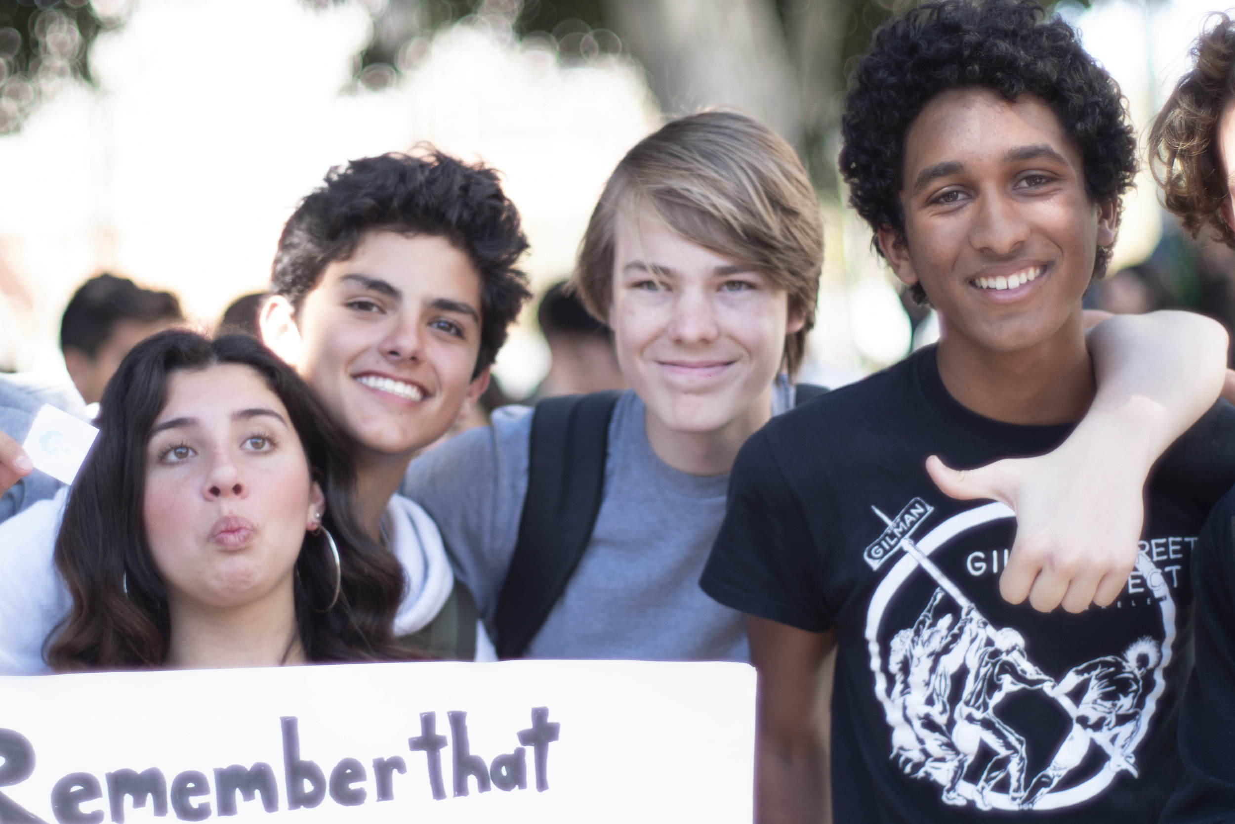  A group of Santa Monica High School Students mixed ages between 14 and 15, Julie Gaeta (left), Gustavo Madero, Kendrick Hartwell, Rio Wagabazea, pose for the camera at the International Youth Climate Strike that took place in downtown Los Angeles, C