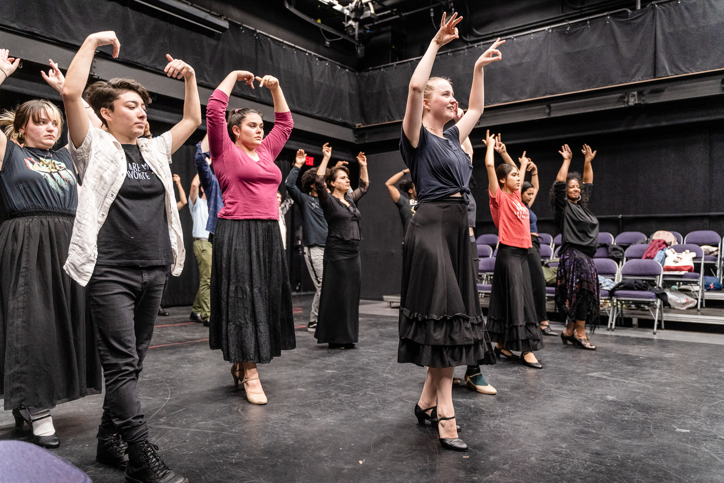  The cast of Flamenco Macbeth, an adaptation of William Shakespeare’s Macbeth by SMC Theatre Arts department chair Perviz Sawoski, rehearsing dance moves in SMC’s Studio Stage on Thursday, March 21, 2019. Flamenco Macbeth will premiere and run in thi
