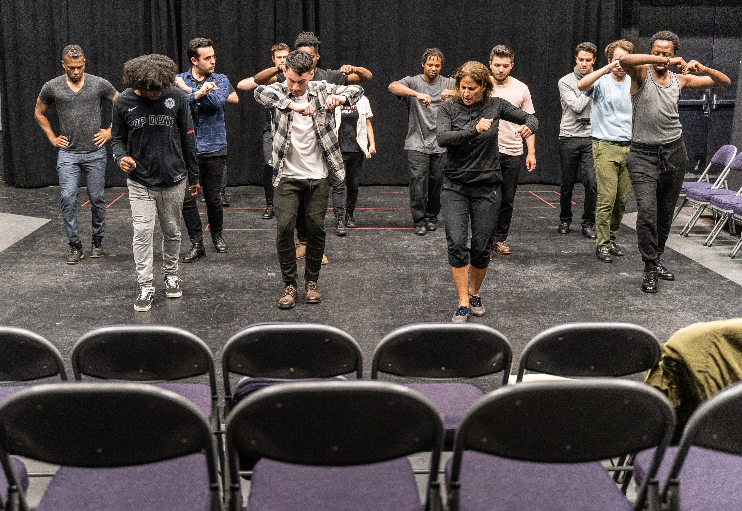 Flamenco Macbeth co-choreographer and SMC Theatre & Dance faculty member Cihtli Ocampo (center-right, in all black) teaches flamenco choreography to the cast of SMC’s upcoming production of Flamenco Macbeth at the SMC Studio Stage, the space where Flamenco Macbeth will premiere in a month, on Thursday, March 21, 2019. Flamenco Macbeth is an adaptation of Shakespeare’s Macbeth by SMC Theatre Arts department chair Perviz Sawoski. The play will be performed at the SMC Studio Stage, a 100-seat thrust stage, from April 26 through May 5, 2019. (Glenn Zucman/The Corsair)