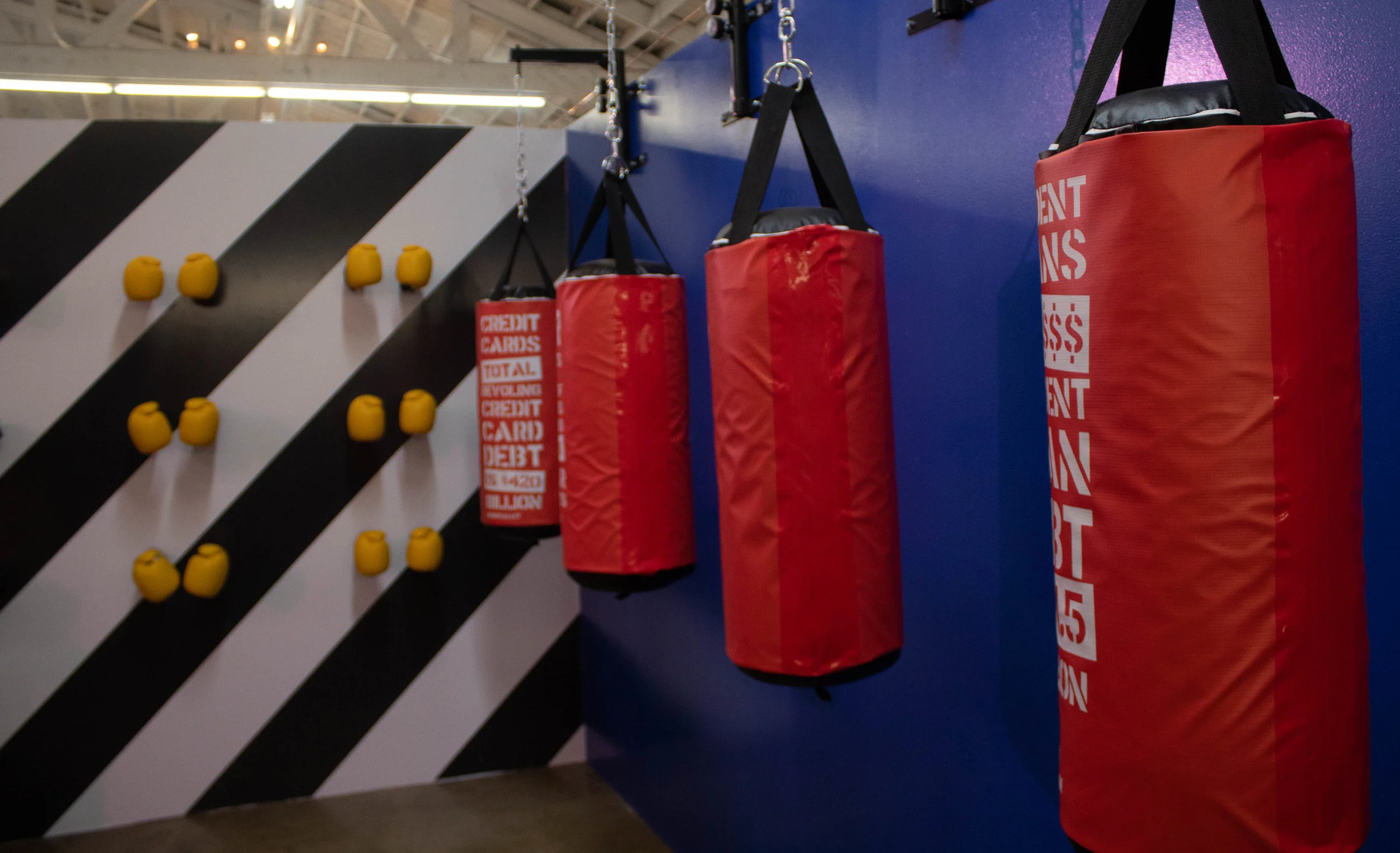  Stacks House’s “Debt Boxing Gym,” the opening photo-op room in the new walk-through pop up experience. Stacks House teaches on subjects such as financial literacy through rooms like this one. April 16, 2019, Los Angeles, California. Danica Creahan /