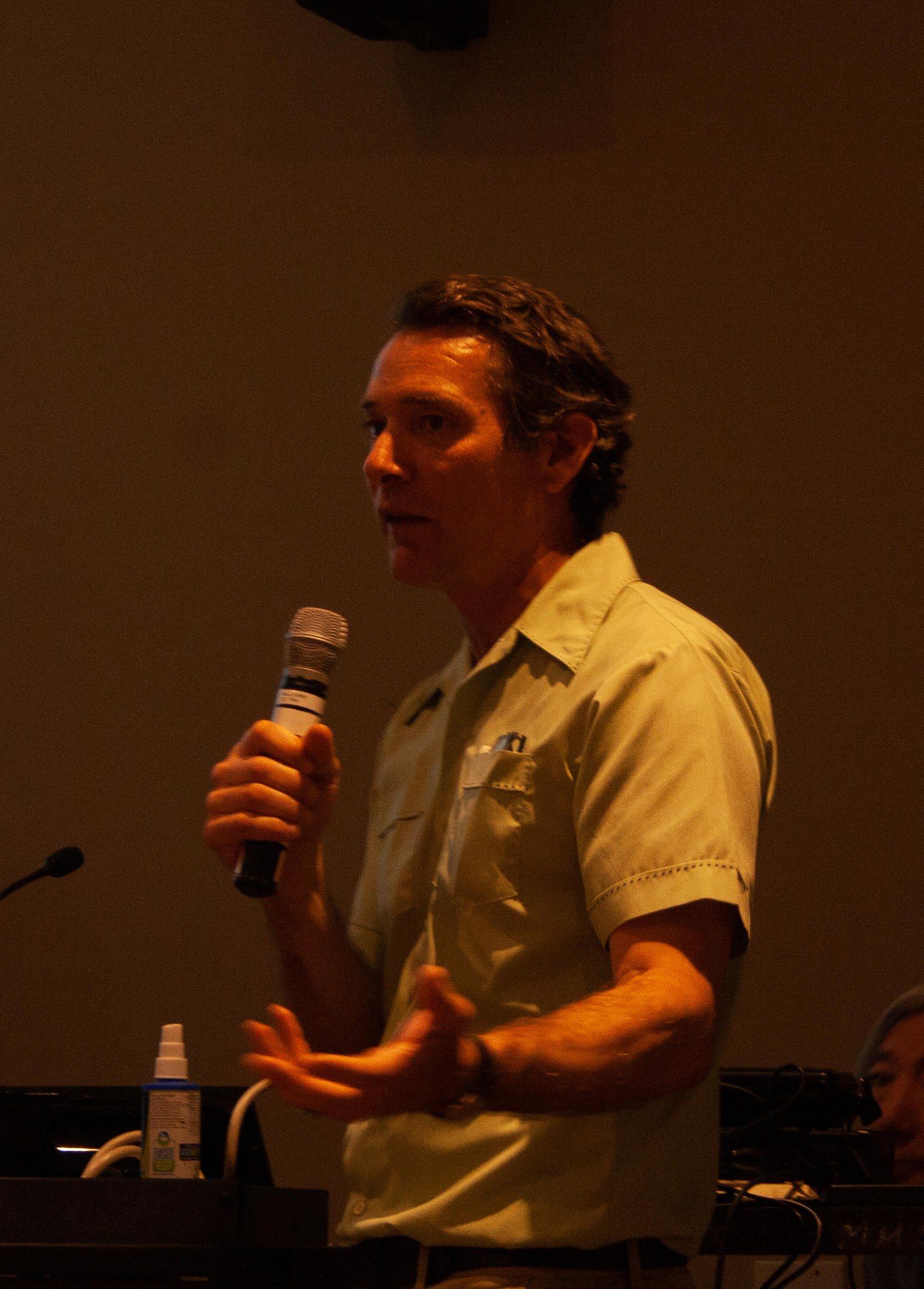 Ferris Kawar Sustainability Manager at Santa Monica College answers questions for the students after the invited speaker’s lecture ends. This event took place at main campus Santa Monica College, Calif. April 23, 2019. (The Corsair/ Janet Ali)