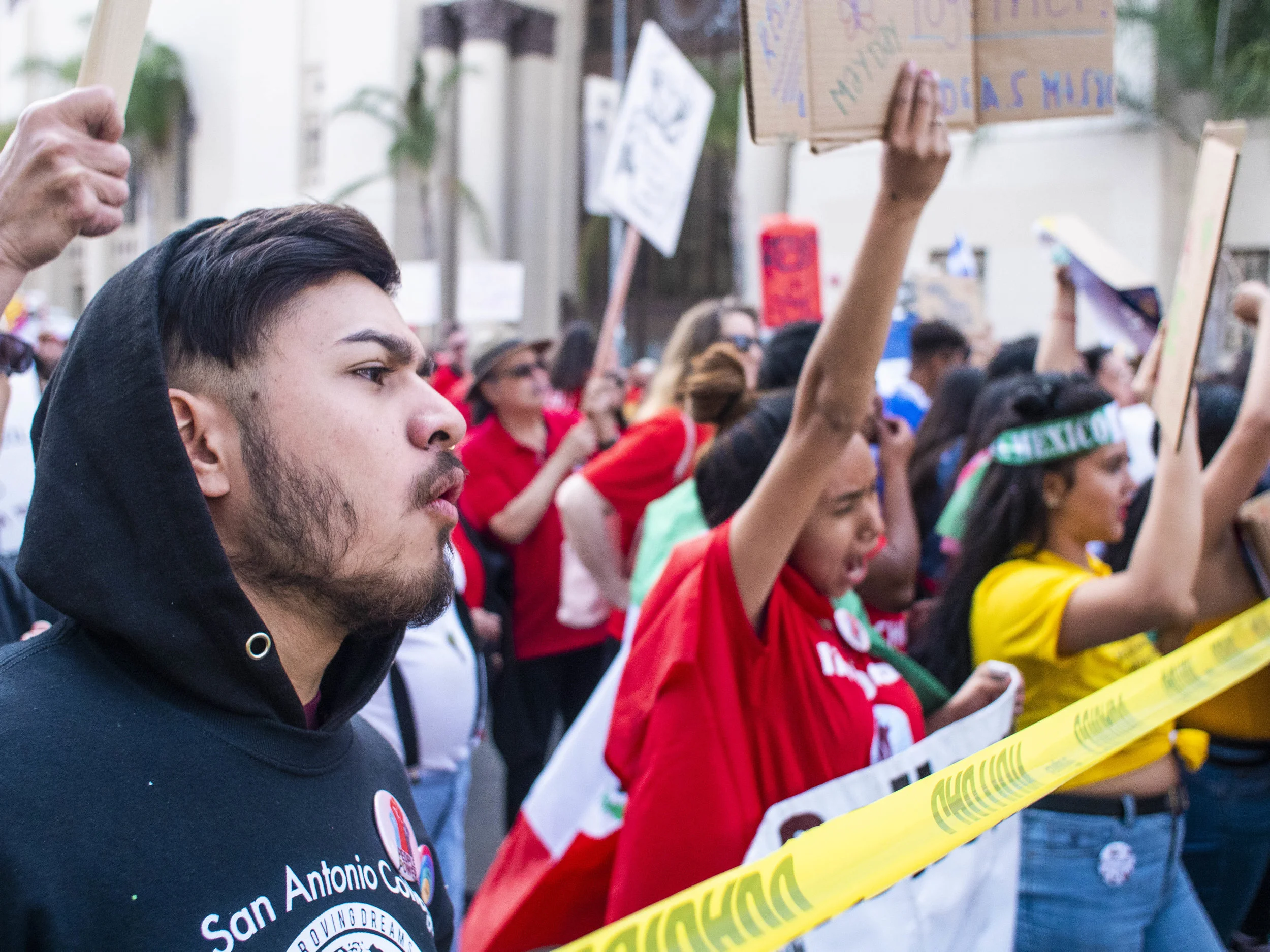 Marchers chant during the May Day March from MacArthur Park to City Hall on Wednesday, May 1, 2019, Los Angeles California. (Victor Noerdlinger/Corsair)