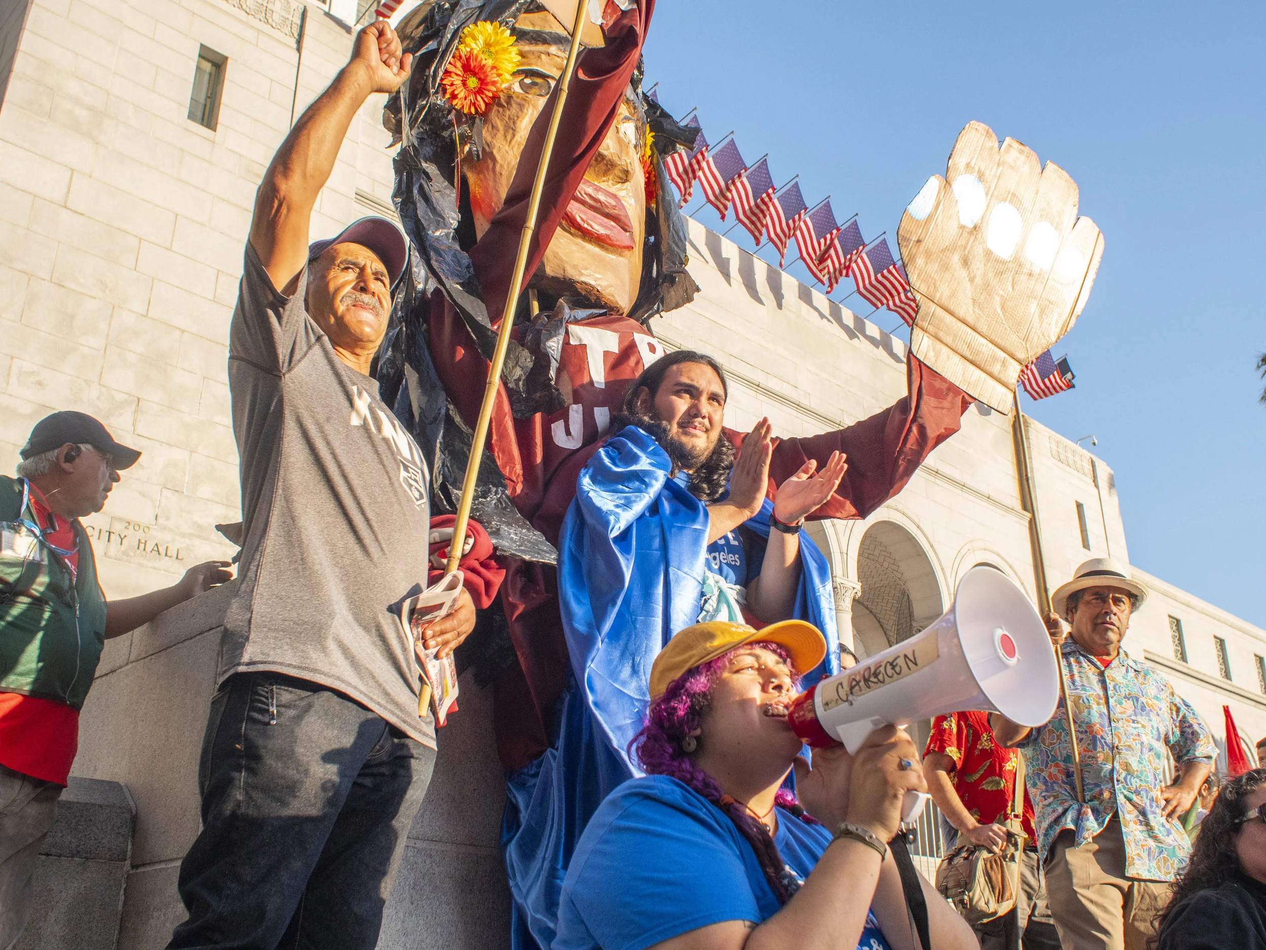 Marchers chant during the May Day March from MacArthur Park to City Hall on Wednesday, May 1, 2019, Los Angeles California. (Victor Noerdlinger/Corsair)