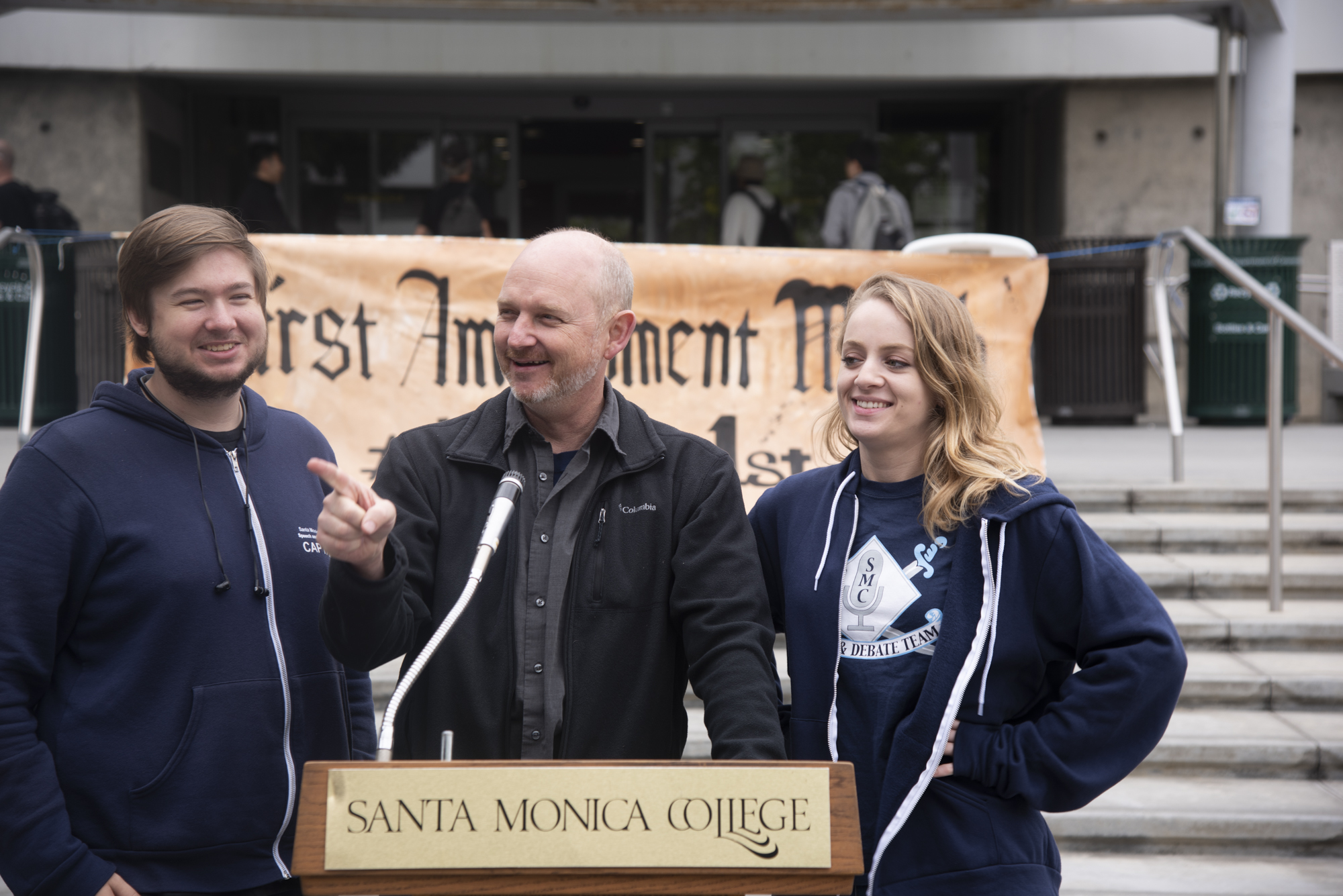  On May9 2019 at Santa Monica college in front of the library it was first amendment  mouth he Male debater was Dominic Smith, 25 econ major. The female debater was Shaindi Schwebel, 24 anthropology major. The teacher was Nate Brown and he is a commu