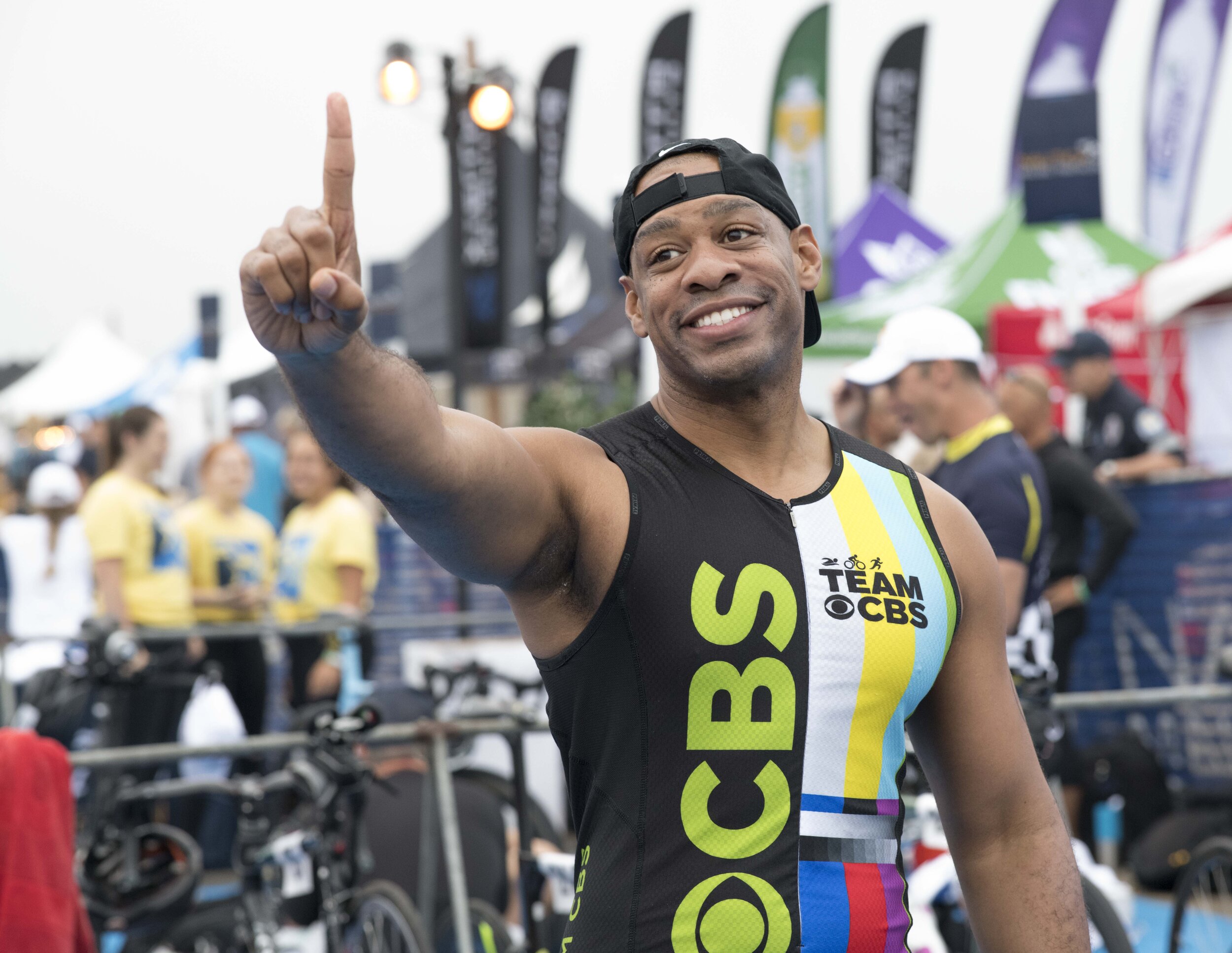  KCBS Los Angeles Anchor Demarco Morgan wags his finger in joy at the 33rd Nautica Malibu Triathlon on Zuma Beach in Malibu, Calif. on Sunday, September 15, 2019. (Photo by Kevin Tidmore/The Corsair) 