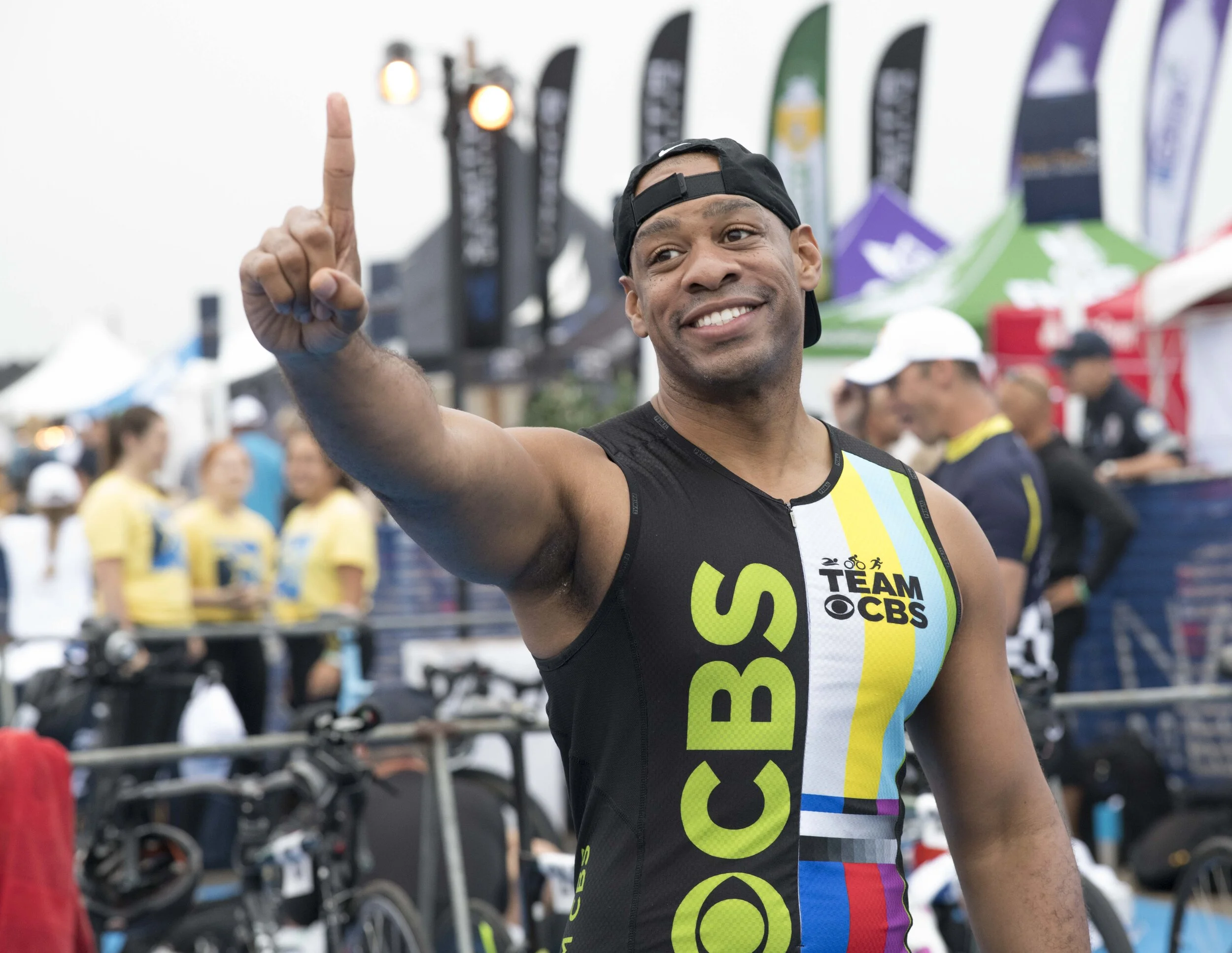 KCBS Los Angeles Anchor Demarco Morgan wags his finger in joy at the 33rd Nautica Malibu Triathlon on Zuma Beach in Malibu, Calif. on Sunday, September 15, 2019. (Photo by Kevin Tidmore/The Corsair)