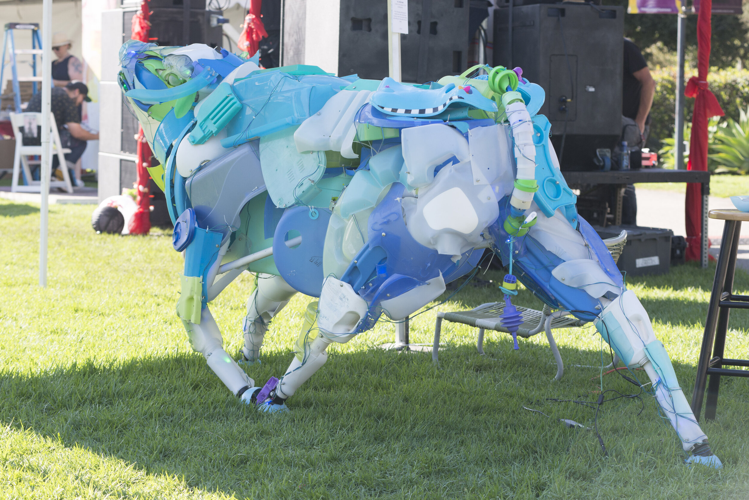An Ox Sculpture assembled from found plastic materials on by artist Cynthia Minet on display at Tarfest on September 14, 2019. (Anthony Mayan/The Corsair).
