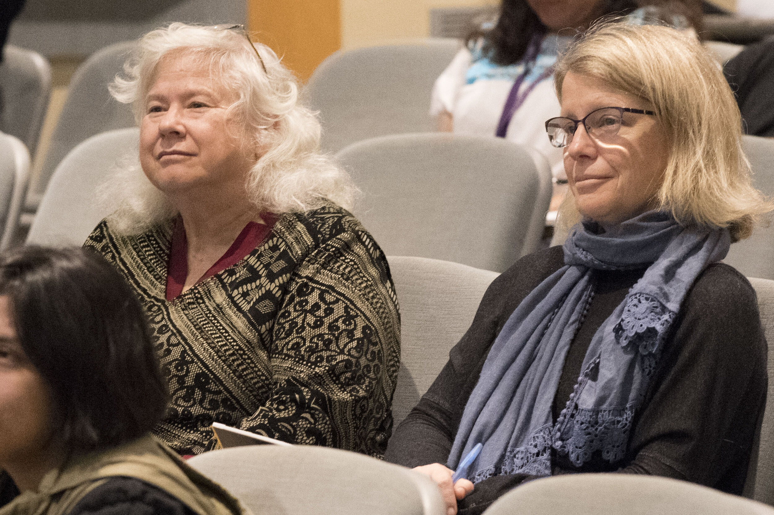  Image of Martha Hall right Administration Assistant English Dep. and Susan Turner Jones Left enjoying the Poetry by Poet Dana Gioia-Rebel Tongues & Poetic Blues. On Thursday 10/03/2019 (Photo Kevin Tidmore The Corsair). 