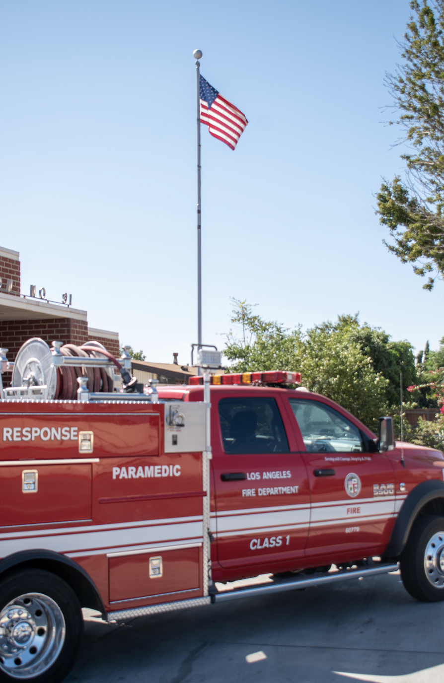  A fire truck sits parked beside Los Angeles Fire Department Station No. 91, located in Sylmar, Calif. as firefighters prepare to be activated on Friday, Oct. 11, 2019. (Randy Martinez/The Corsair) 