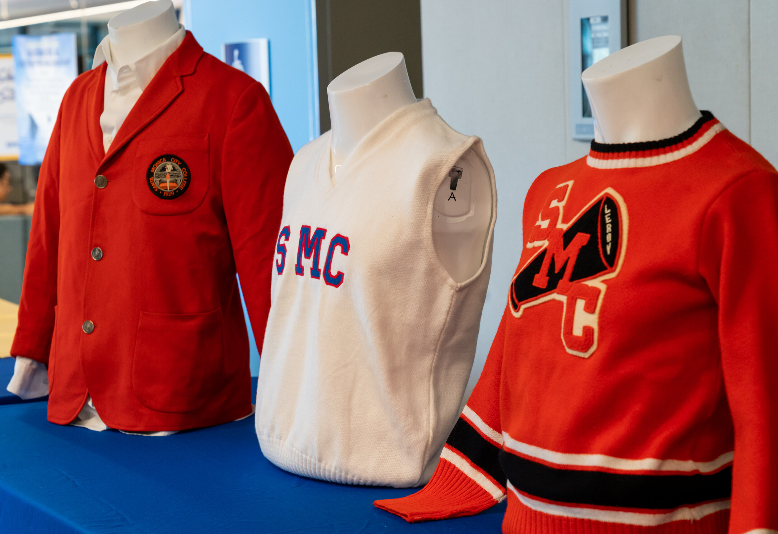  Vintage Santa Monica College clothing on display at the ribbon cutting ceremony  for the new Student Services Center and 90th Anniversary Celebration at the Santa Monica College main campus on October 22, 2019.  (Suzanne Steiner/The Corsair) 