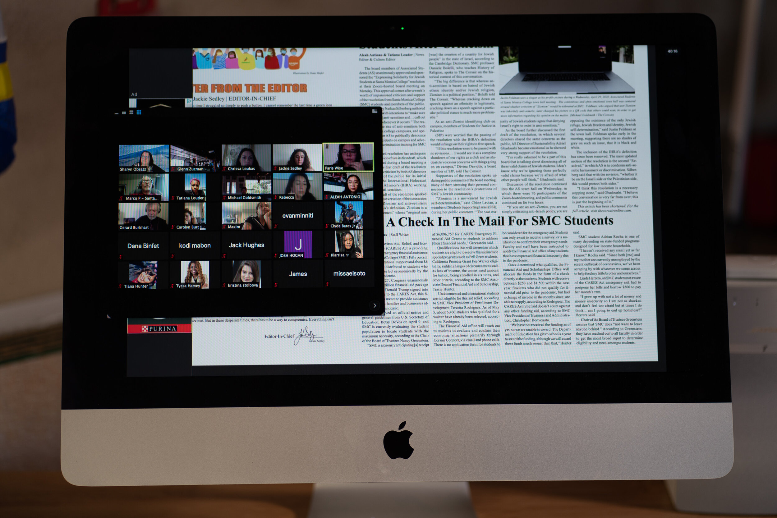  The Corsair staff regroups over zoom to view Jackie Sedley’s screen which shows the finished layout of the fifth edition on Tuesday May 5, 2020.  (Glenn Zucman | The Corsair)  