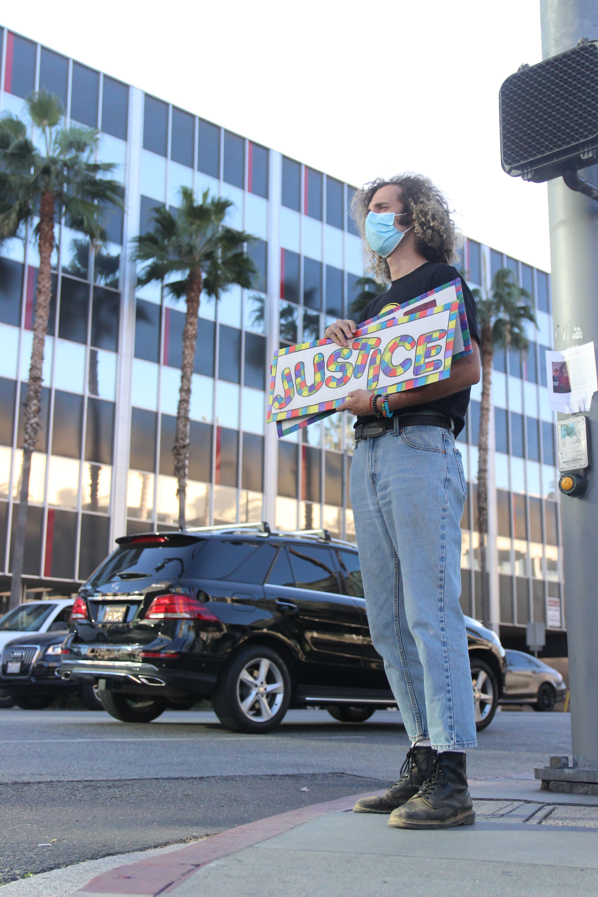   Charlie Anastasis felt protesting with Valley of Change was the least he could do for his community. It gave him a new perspective of the city he lives in, “Not everyone is on the same page in this town.” Sherman Oaks, Calif. Nov. 2, 2020. (Carolyn