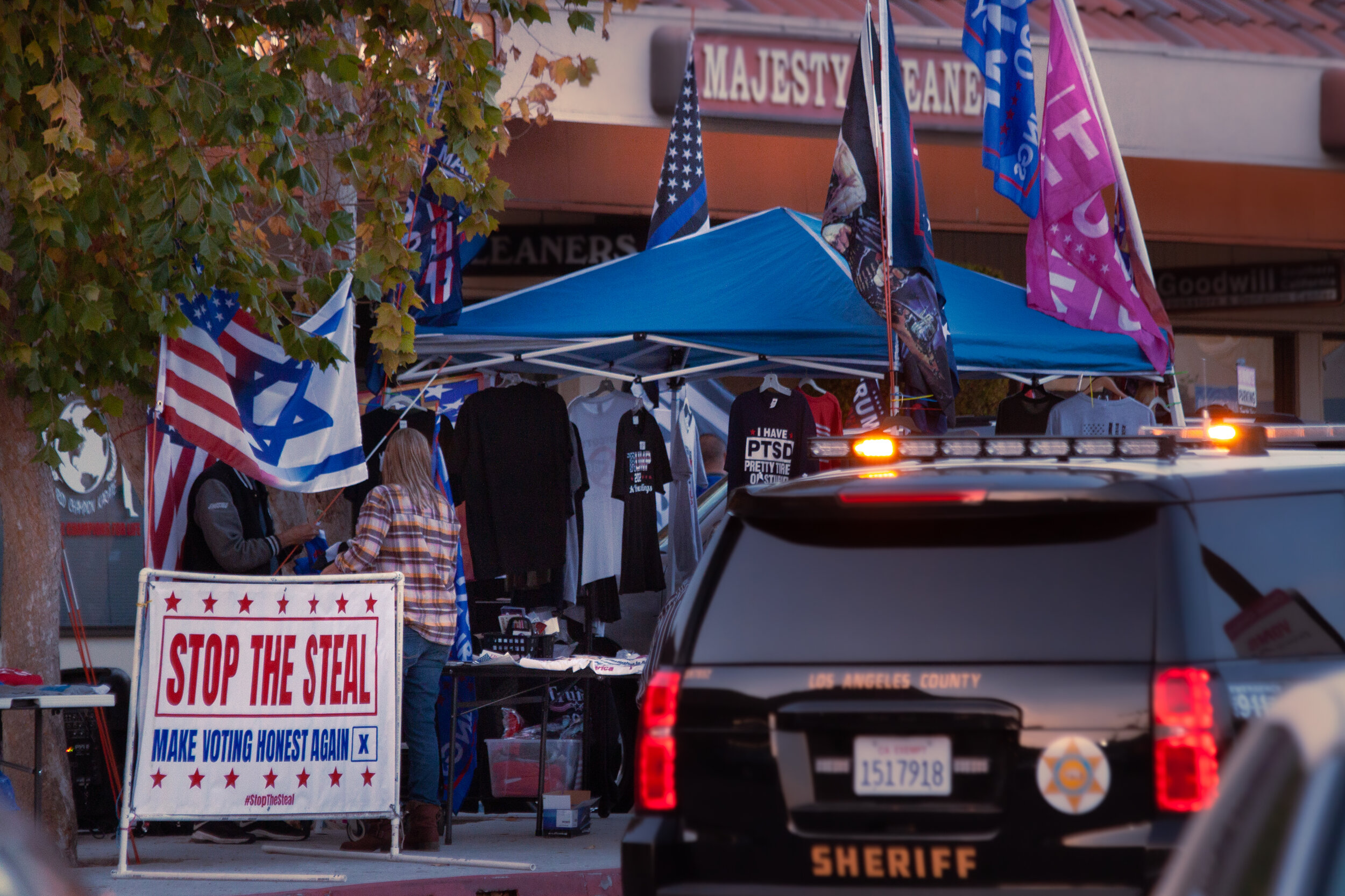  A variety of political merchandise being sold outside Cronies Sports Grill in Agoura Hills, Calif., on Fri., Dec. 11, 2020. (Johnny Neville / The Corsair) 