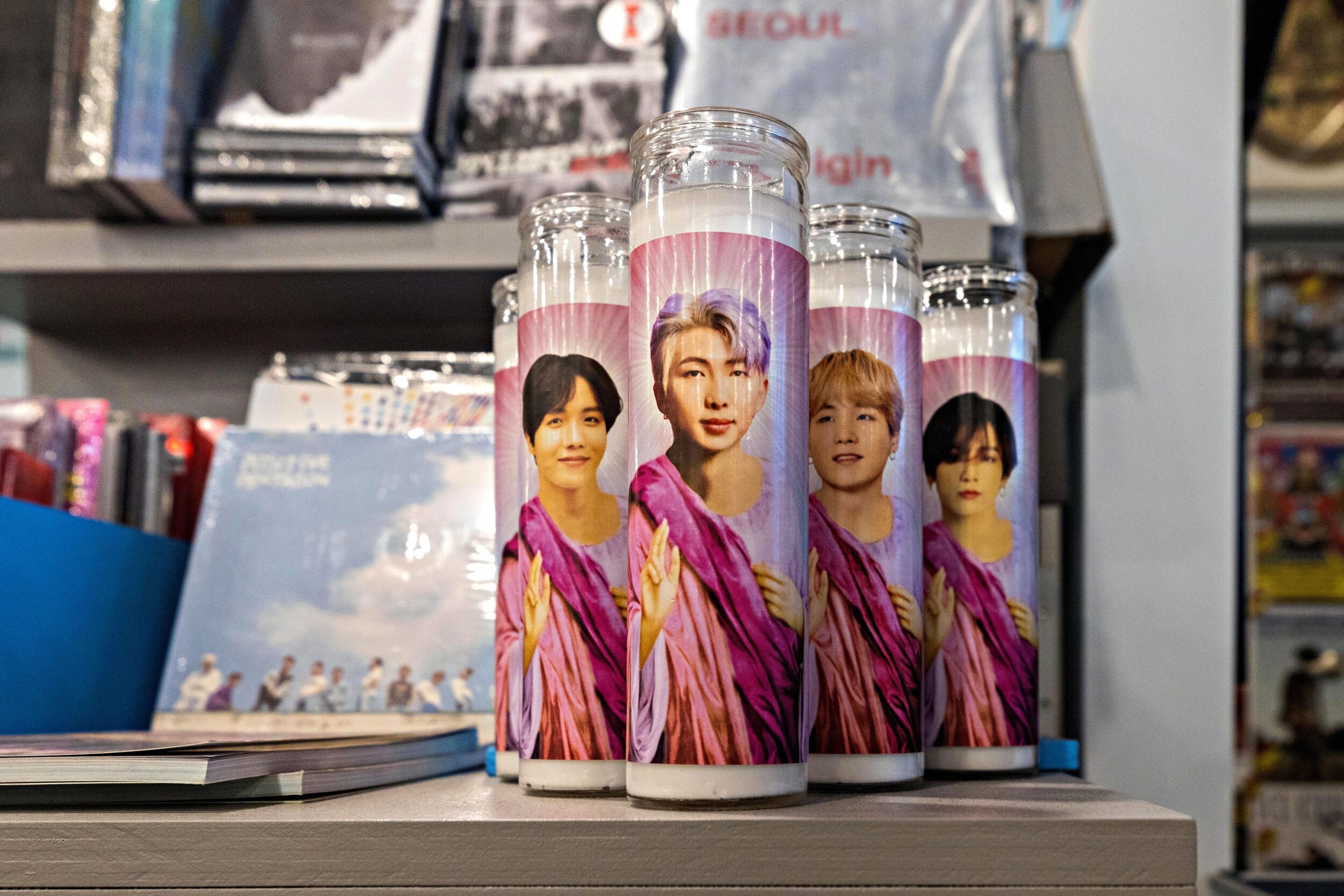  K-Pop display featuring members of the band BTS. Amoeba Music, an iconic Hollywood record store, prepares to reopen at thier new location at 6200 Hollywood Blvd., in Hollywood Neighborhood of Los Angeles, California on Wednesday, March 30, 2021.  Th
