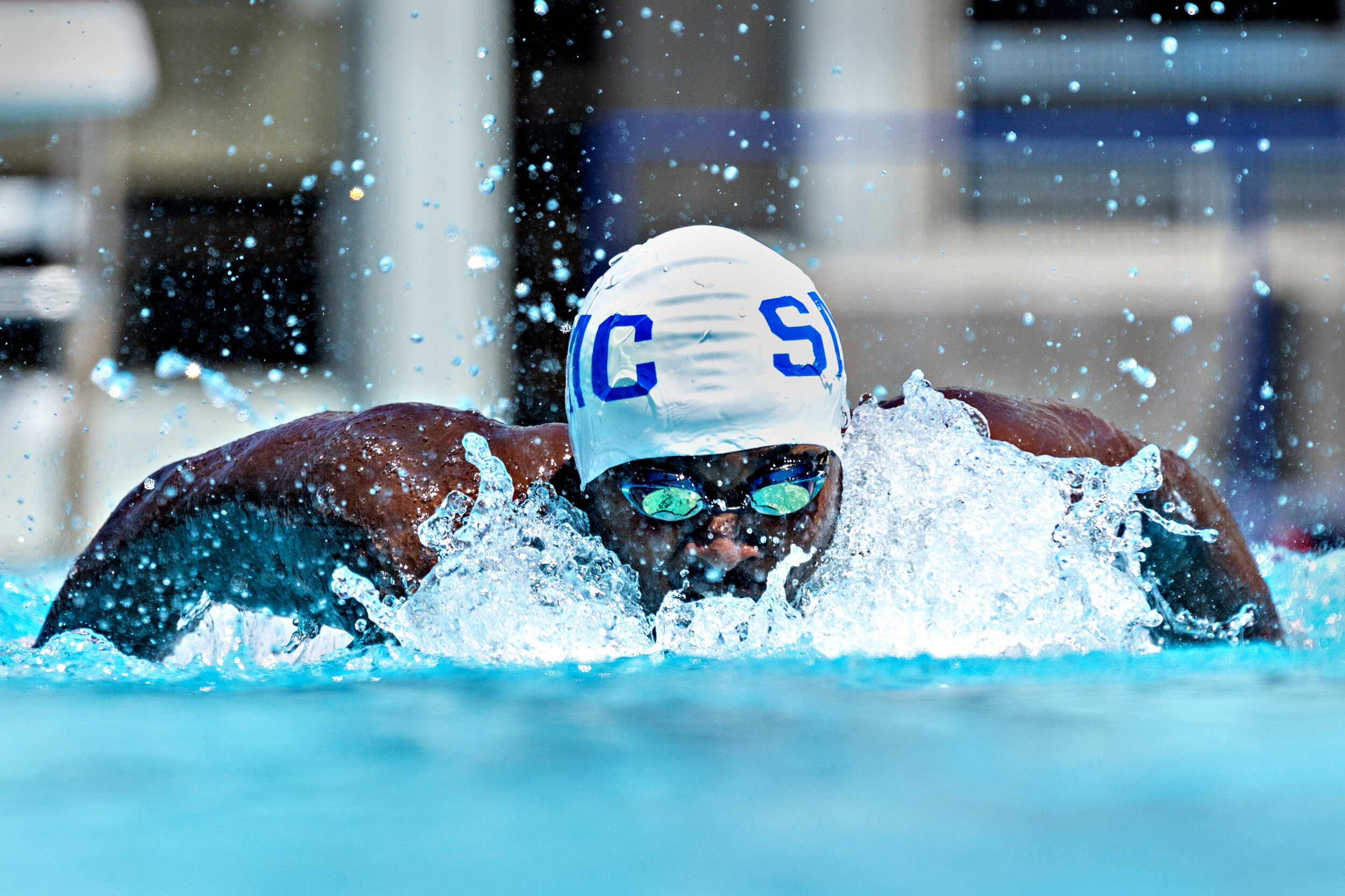  Joshua Smith competes in the 100 yard butterfly at the Santa Monica Swim Center in Santa Monica, California on Friday, April 17, 2021.  It was the SMC's first swim meet since the 2020 season was cancelled due to the COVID-19 pandemic. 