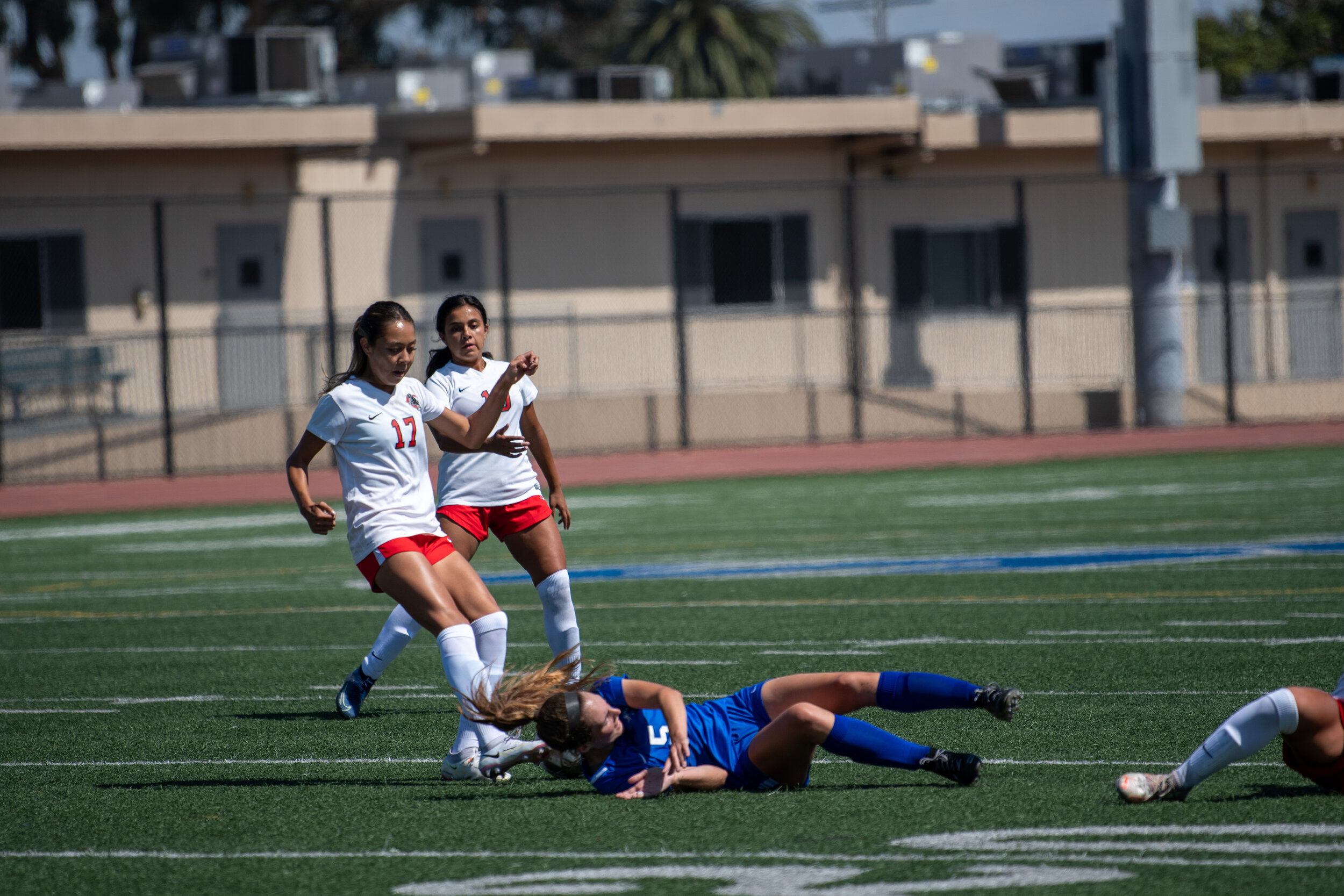  Charlie Kayem of the Santa Monica College woman's soccer team is seriously fouled by Charlie College team members on the Santa Monica College Corsair Field in Santa Monica, Calif. on September 10, 2021. The match against Chaffey is their third game 