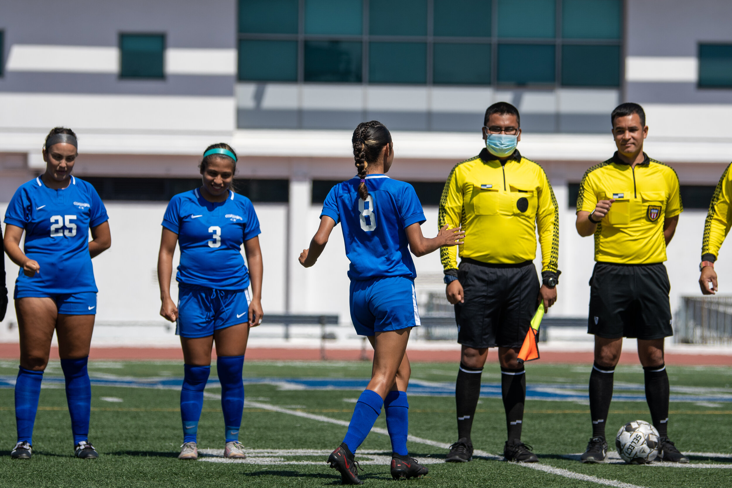  Cassie Velasquez and Monica Moya (L-R) are approached by Ashley Silva (center) of the Santa Monica College woman's soccer team at the start of their match against Chaffey College on the Santa Monica College Corsair Field in Santa Monica, Calif. on S