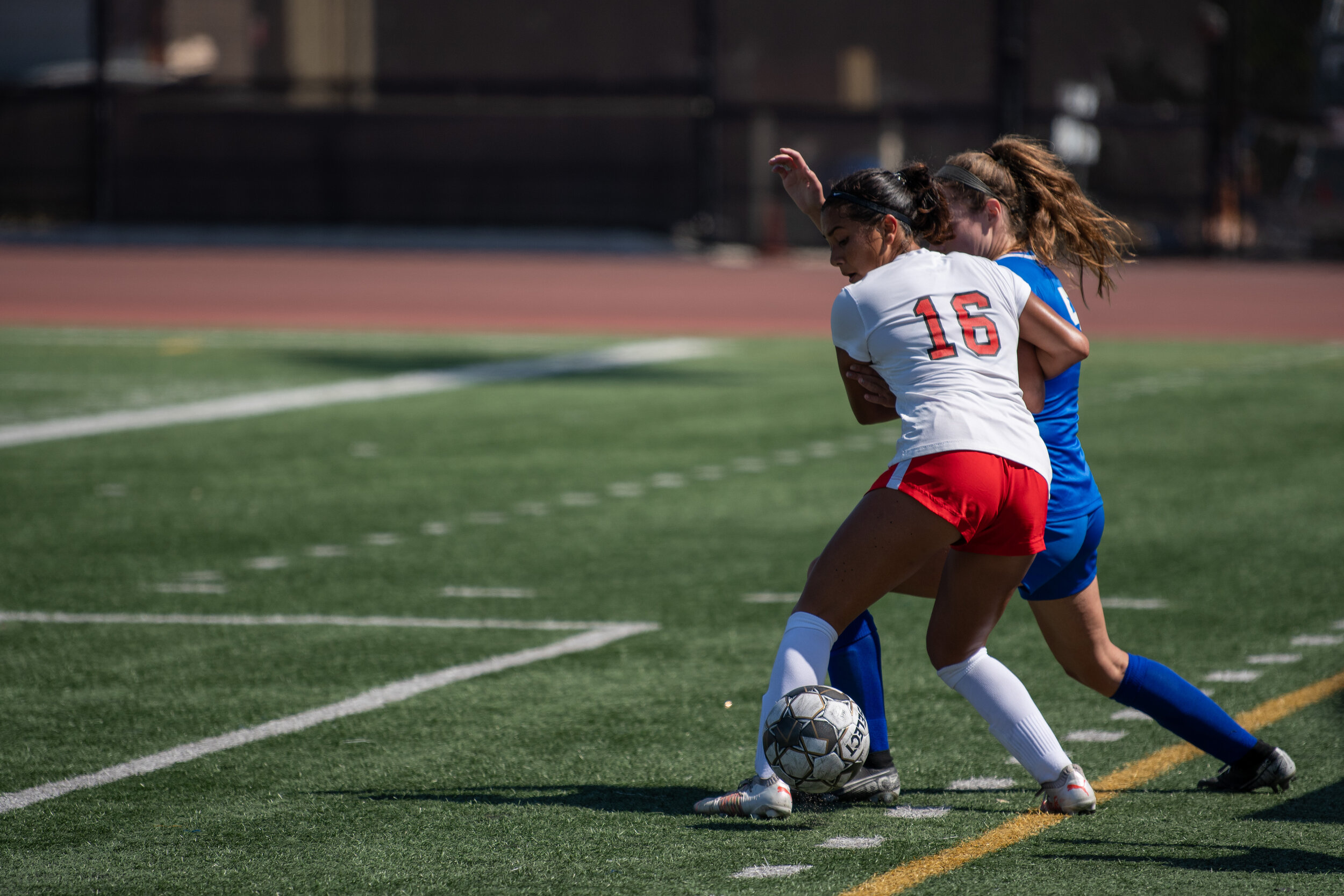  Charlie Kayem of the Santa Monica College woman's soccer team jockeys for ball possesion with a Charlie College team member on the Santa Monica College Corsair Field in Santa Monica, Calif. on September 10, 2021. The match against Chaffey is their t