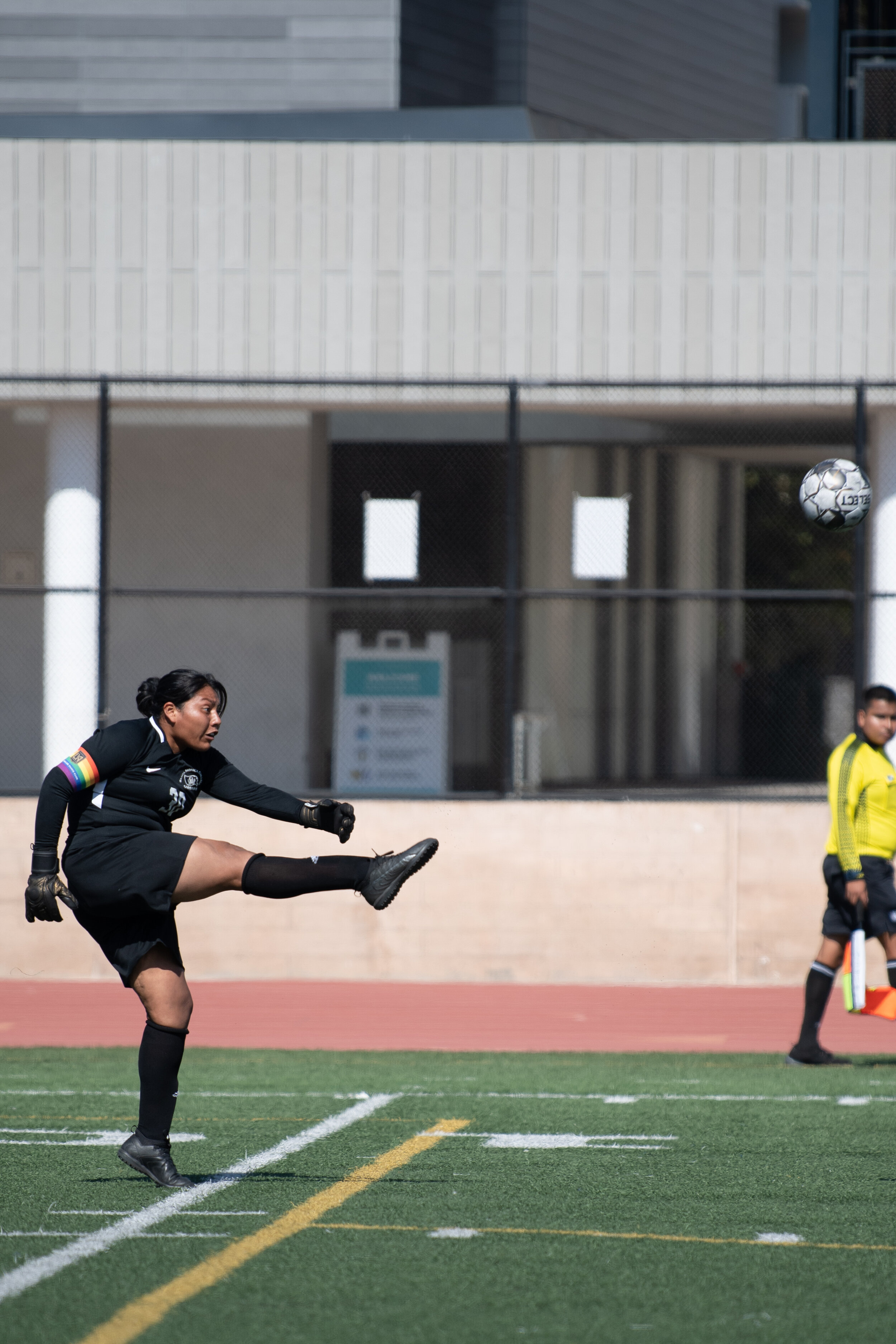  Yosemite Cruz of the Santa Monica College woman's soccer team shoots the ball downfield after a successful save on the Santa Monica College Corsair Field in Santa Monica, Calif. on September 10, 2021. The match against Chaffey is their third game of