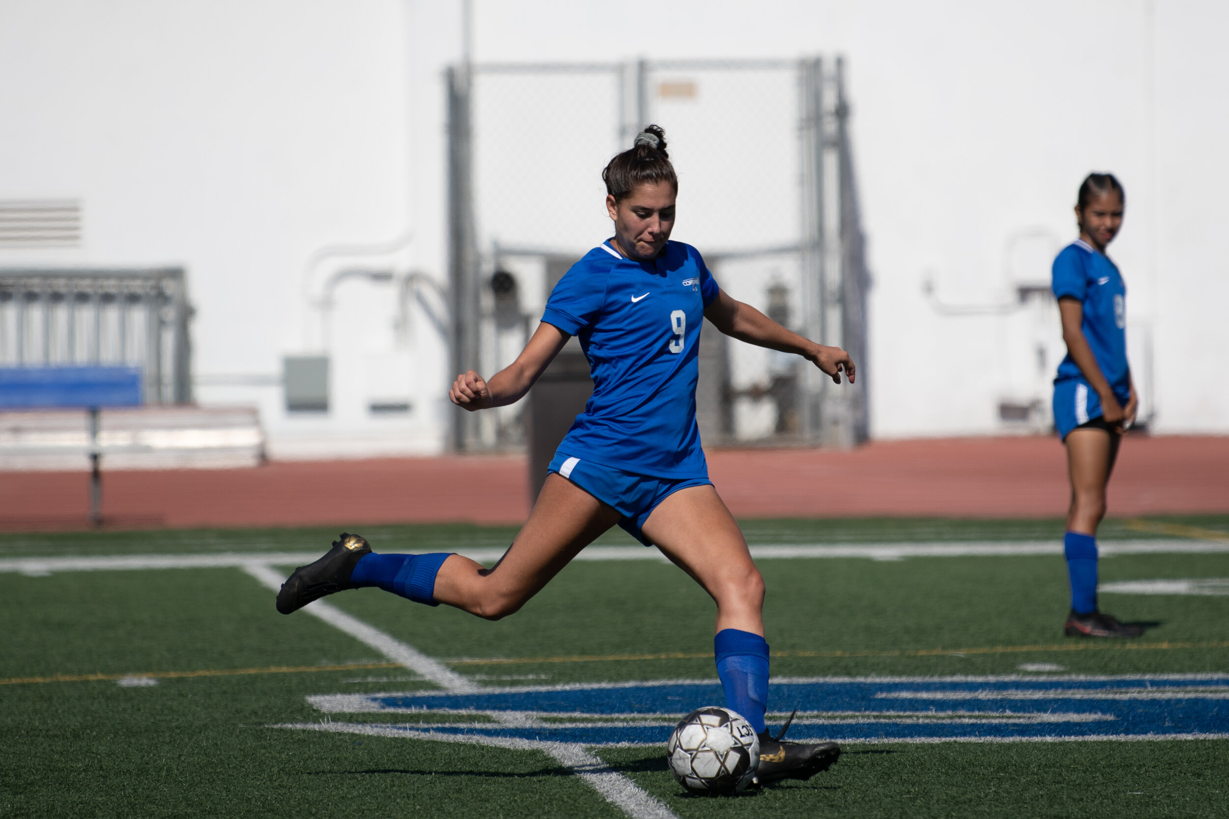  Alexia Mallahi of the Santa Monica College Corsairs winds up for a kick on the Santa Monica College Corsair Field in Santa Monica, Calif. on September 10, 2021. The match against Chaffey is their third game of the year, and their second proper game 