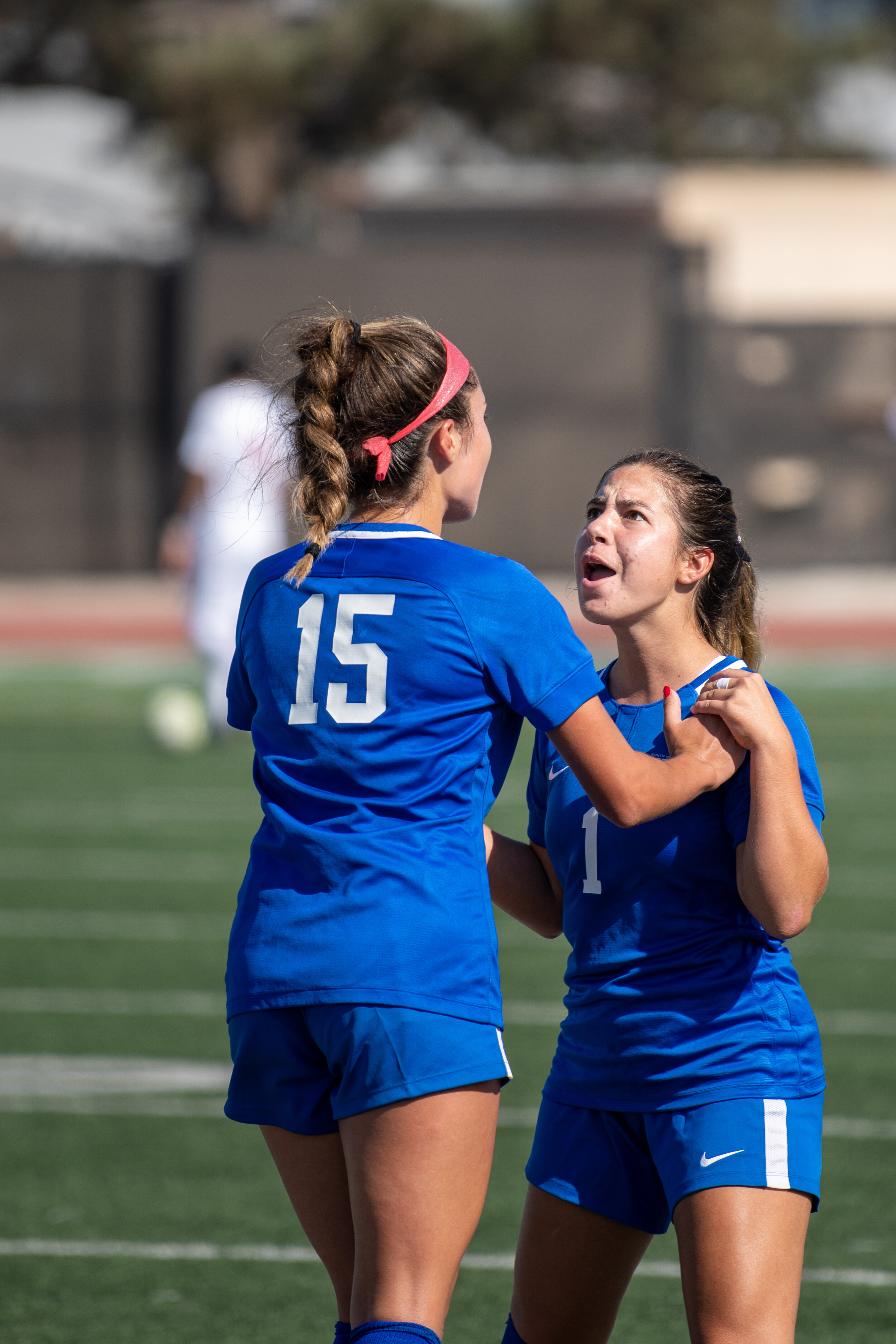  Ali Alban and Sophie Doumitt (L-R) of the Santa Monica College Corsairs share emotions after tying their match against Chaffey College on Santa Monica College Corsair Field in Santa Monica, Calif. on September 10, 2021. The match against Chaffey is 