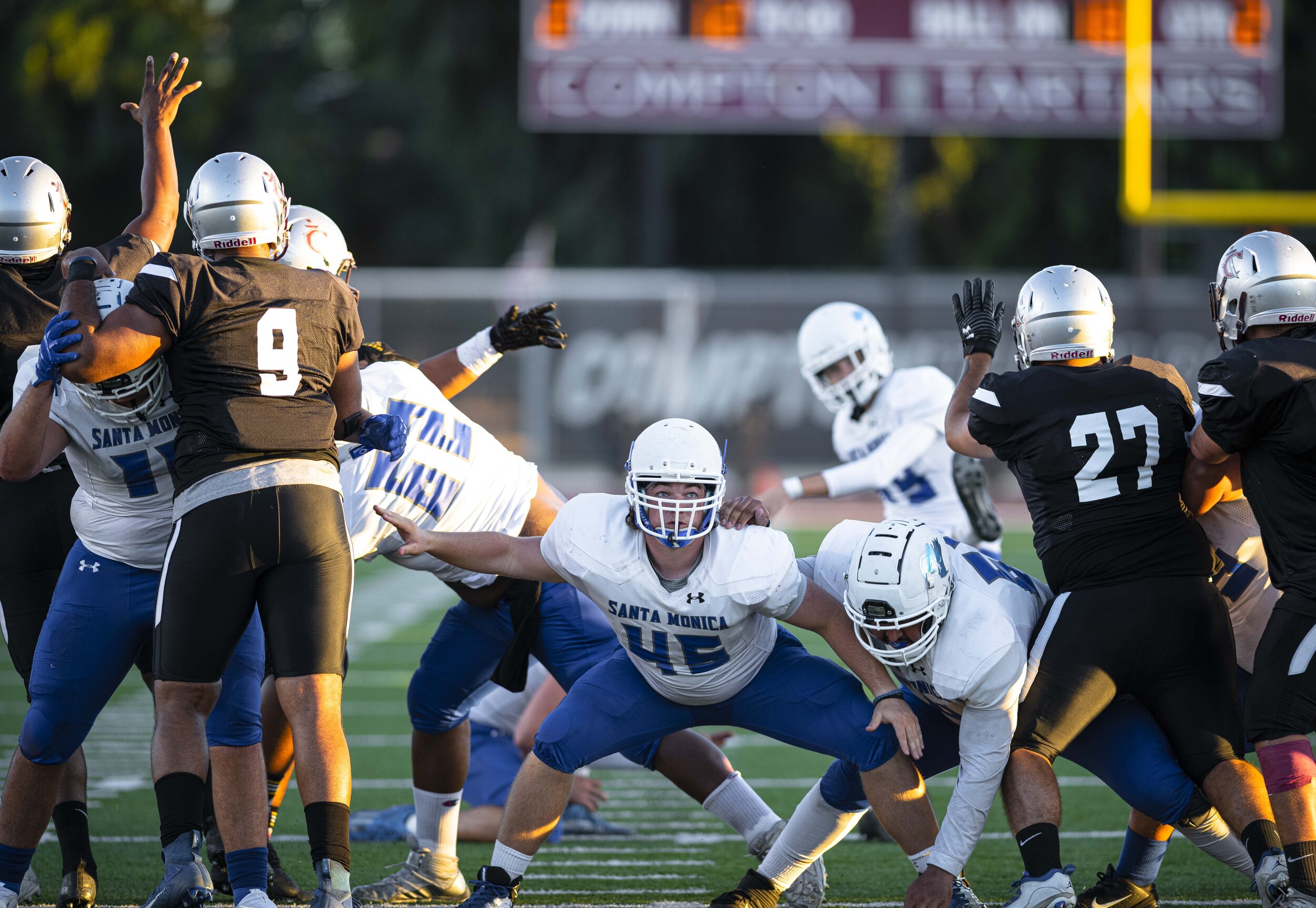  Santa Monica College center , Nathan Hall (45), stands ready to block on an extra point attempt, after the first touchdown of the game on September 11, 2021, at Compton College Compton Calif. (Jon Putman | The Corsair) 