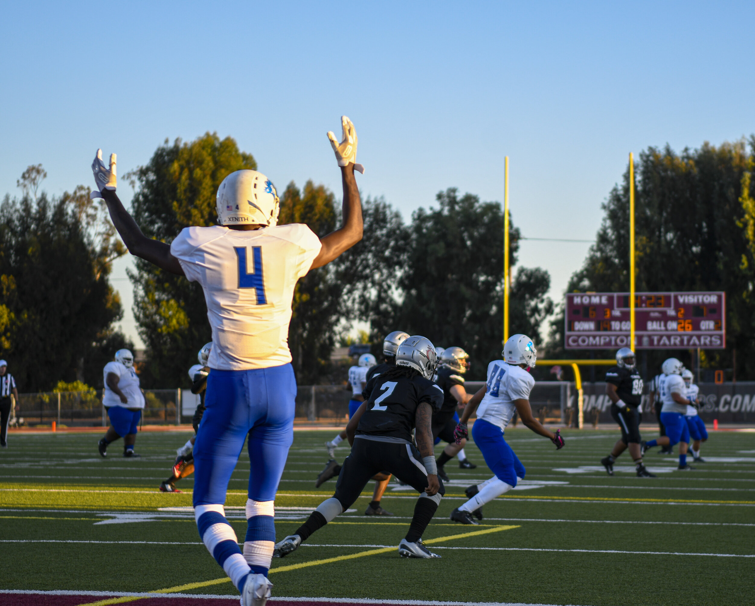  Santa Monica College wide-receiver Kane French (4) celebrates as they get the much needed first down on September 11, 2021 at Compton College in Compton, Calif. (Jon Putman | The Corsair) 