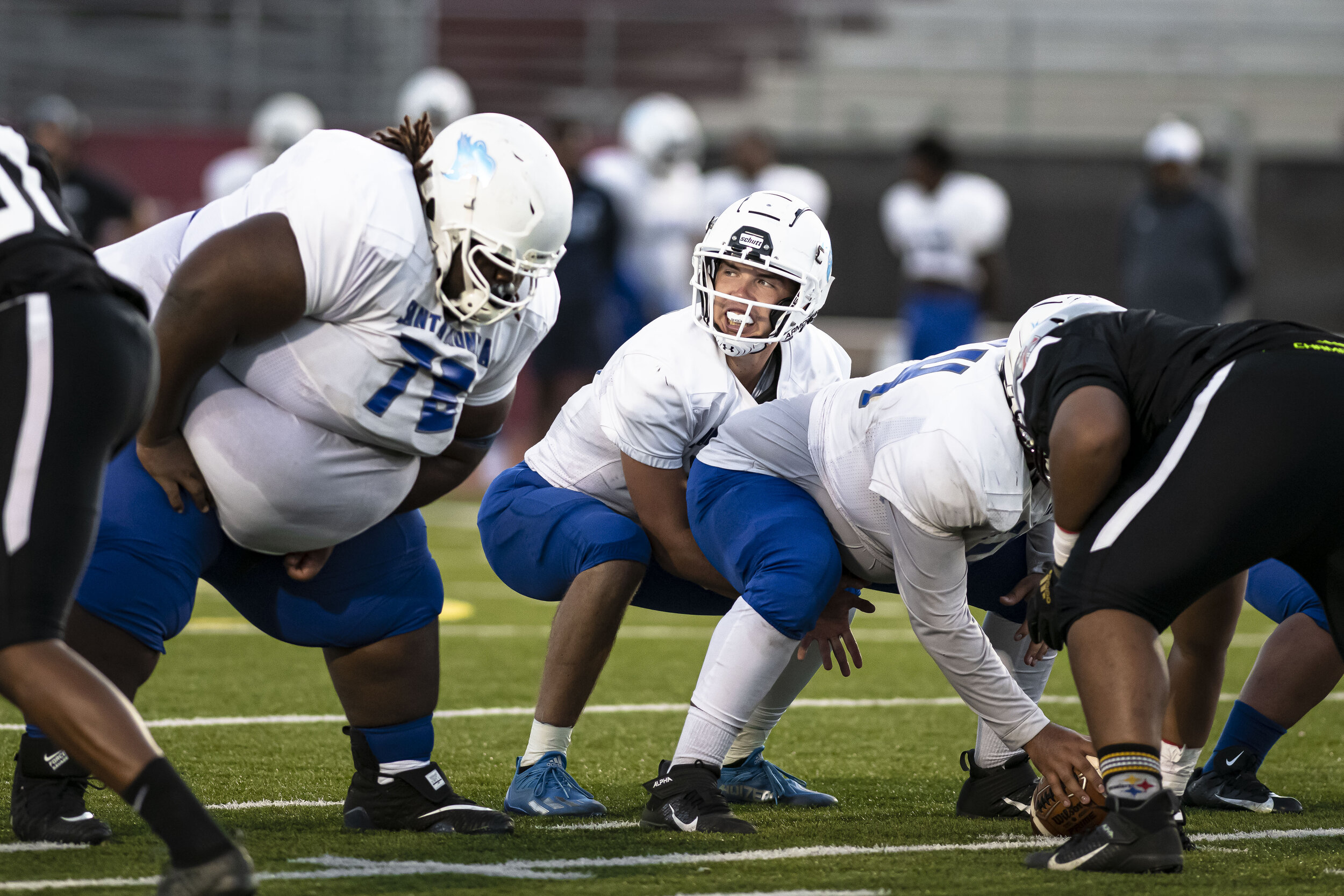  Quarterback Sam Vaulton (14), of the Santa Monica College, runs through his cadences as defenders eagerly await the snap on September 11, 2021 at Compton College located in Compton, Calif. (Jon Putman | The Corsair) 