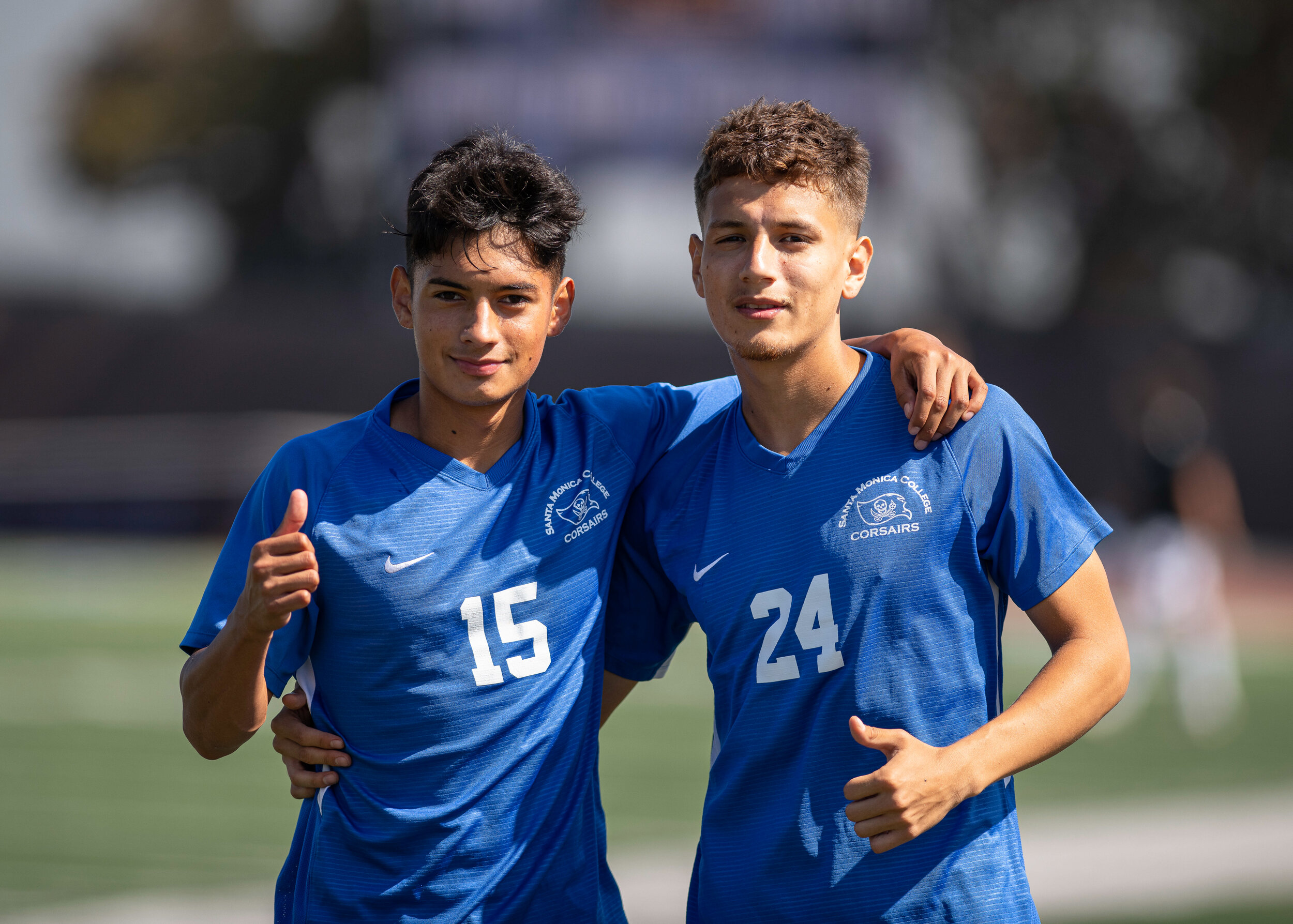  Santa Monica College players, Isaac Gonzalez (15), (L-R) and Rogelio Cruz (24) stand for a pic pre-game on September 14, 2021, at Santa Monica College in Santa Monica, Calif. (Jon Putman | The Corsair) 