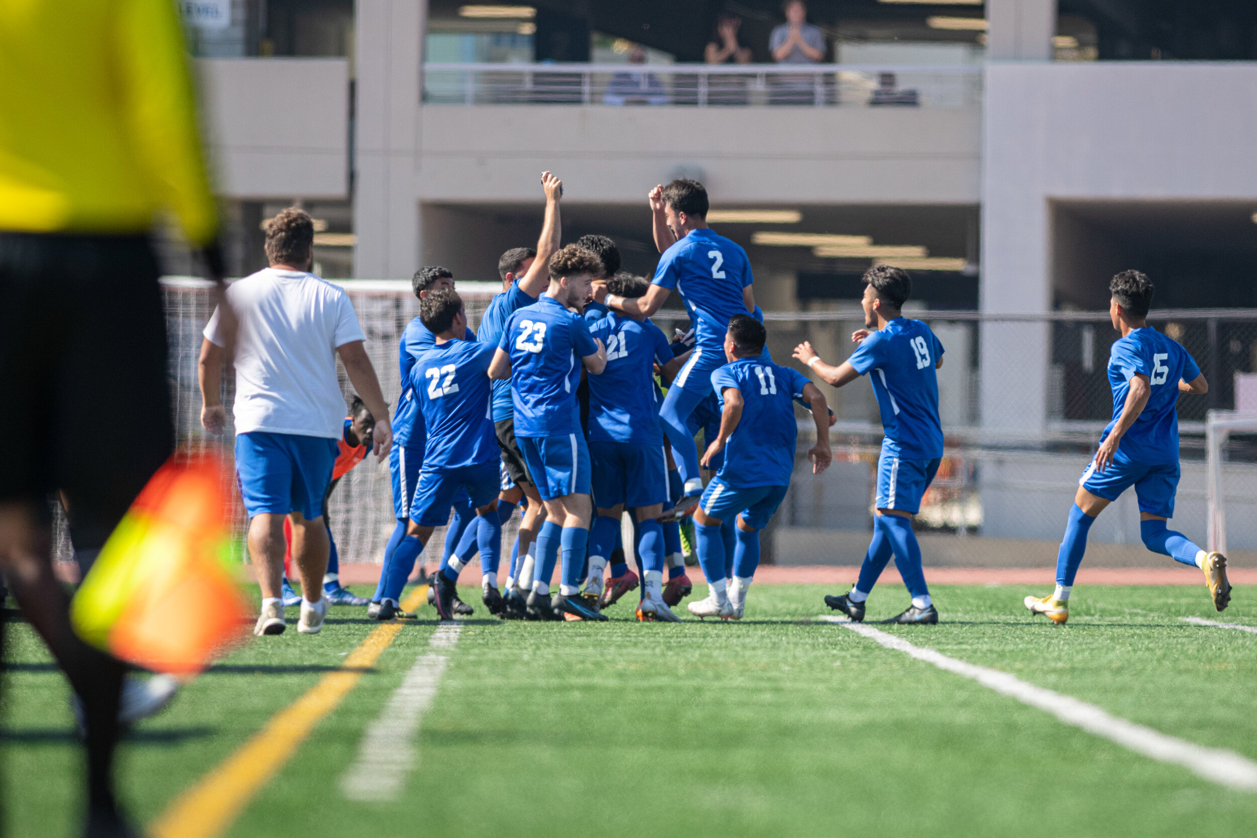  Santa Monica College Mens Soccer Team celebrates after scoring their second goal, which would ultimately give them their 2-1 victory over Norco College, on September 14, 2021, at Santa Monica College in Santa Monica, Calif. (Jon Putman | The Corsair