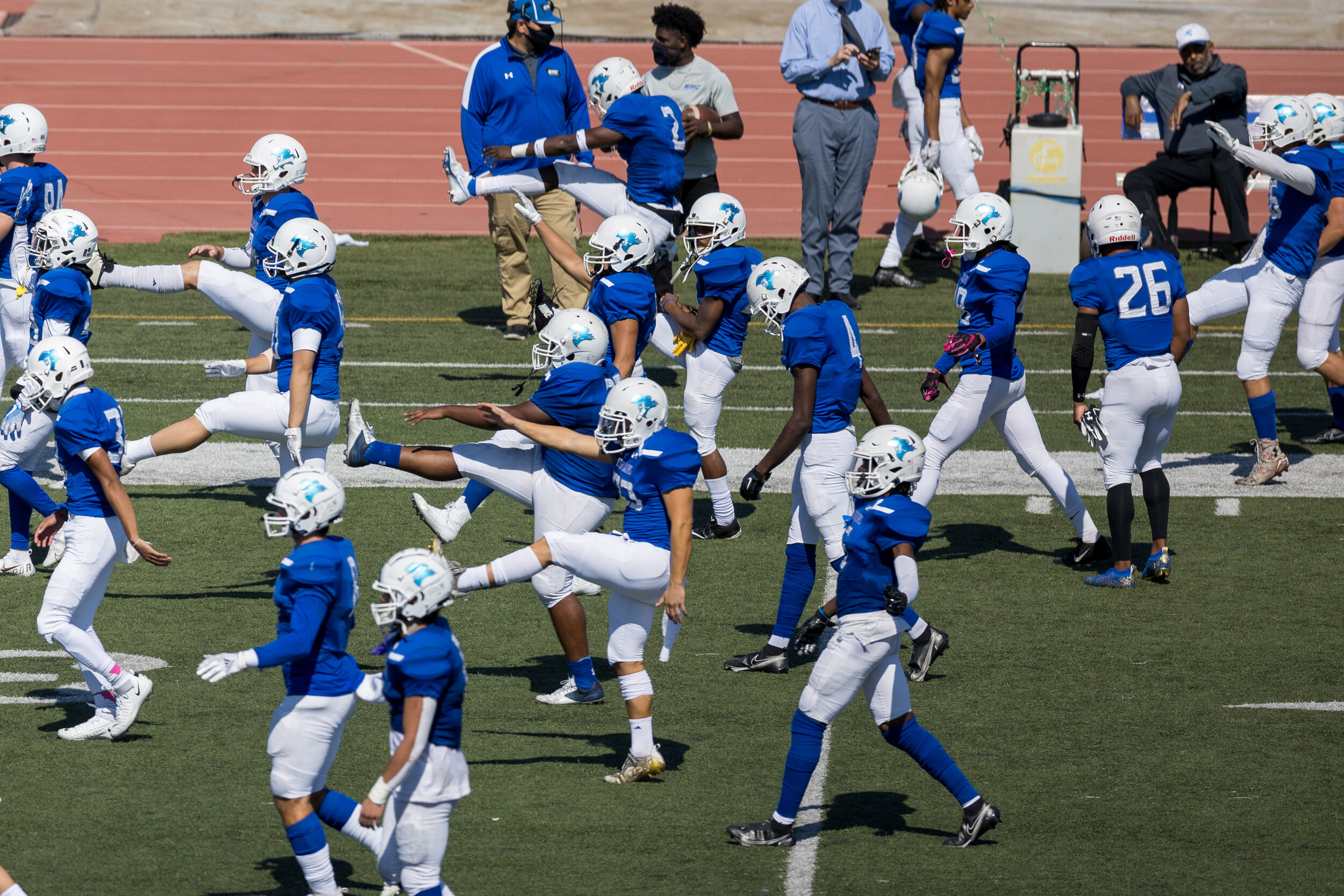  The team warms up for the second half. (Maxim Elramsisy | The Corsair) 