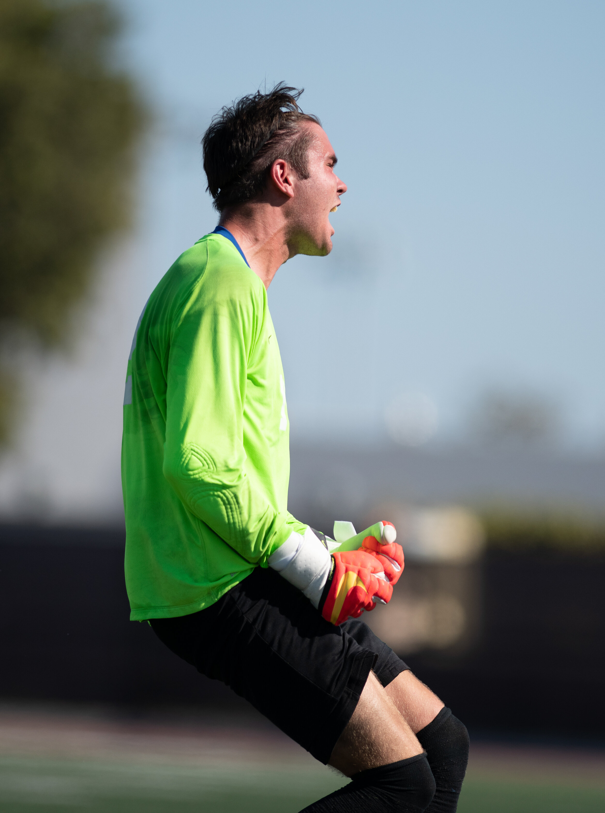  SMC freshman Goal-Keeper Nathan Comey (1) celebrates as his team just a scores a crucial goal on September 21, 2021 at Santa Monica College in Santa Monica, Calif. (Jon Putman | The Corsair) 