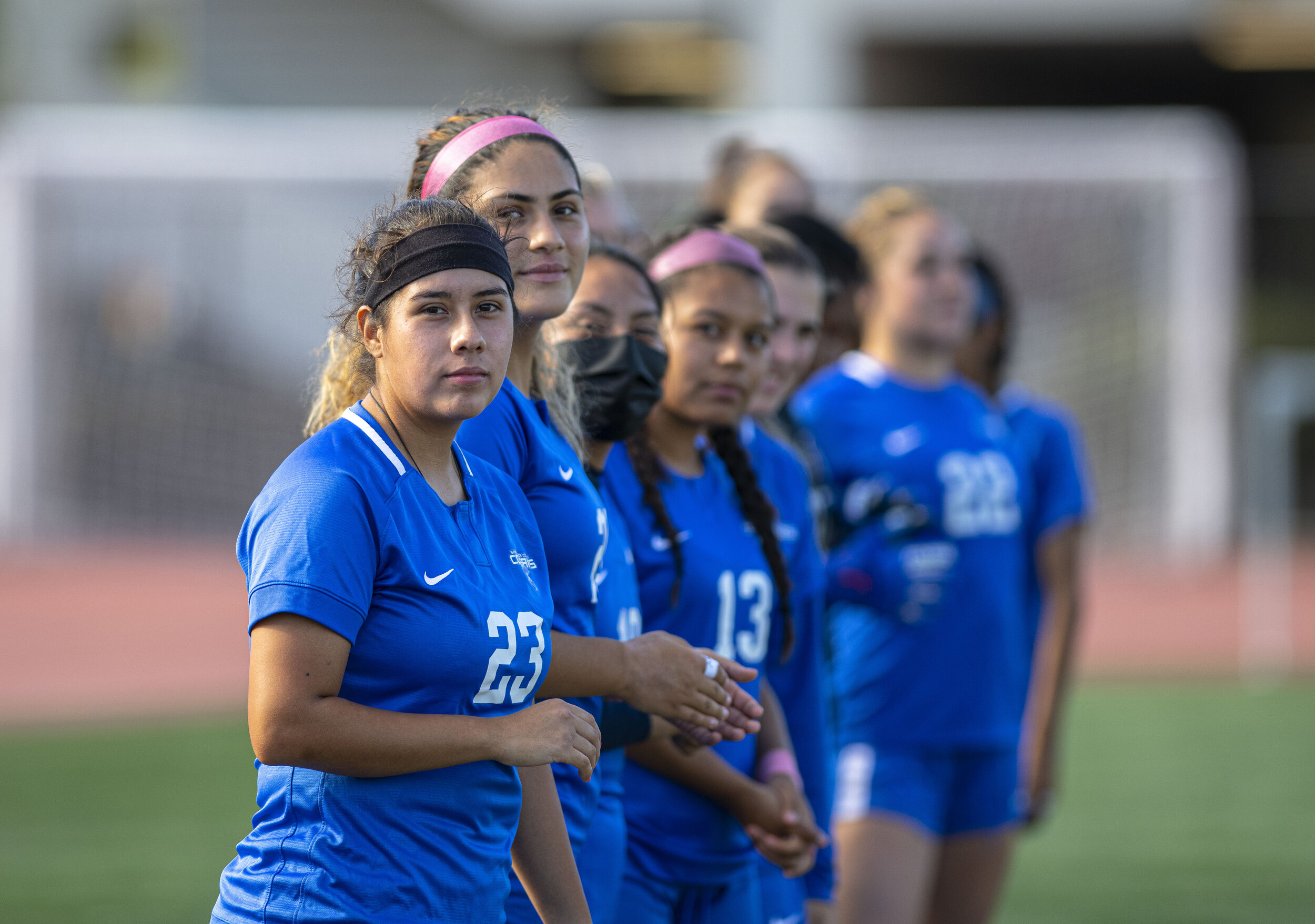  Santa Monica College Corsairs Womans Soccer team watches as the starting line up for Citrus College is announced. (Jon Putman | The Corsair) 