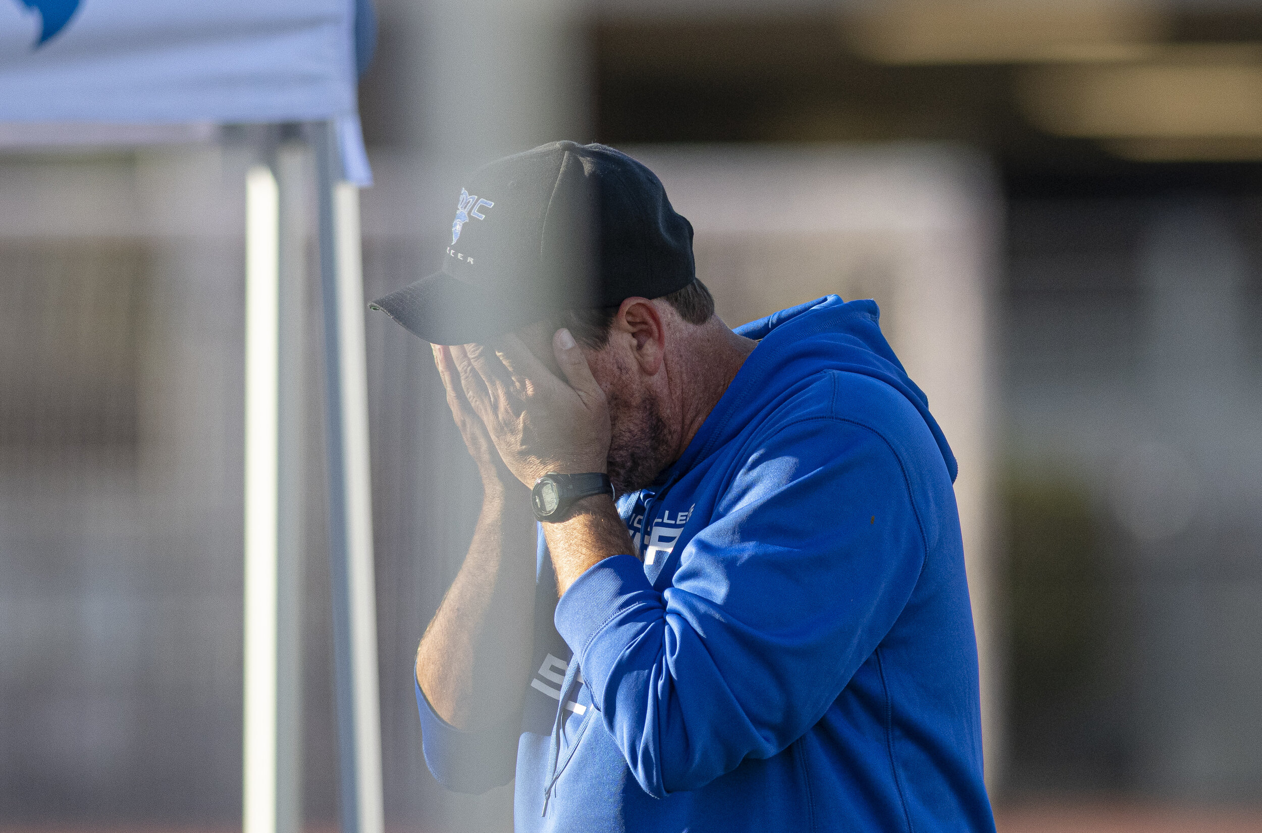  Santa Monica College Corsairs Head Coach Aaron Benditson sinks his face between his hands as the Corsairs have just given up the 3-1 lead with a score now tied up with only minutes left to go in the game. (Jon Putman | The Corsair) 