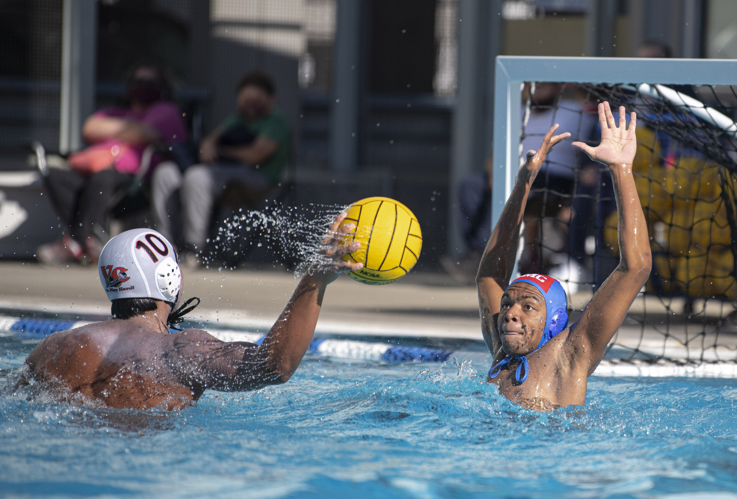  Santa Monica College Corsairs freshman Elijah Bell (1) the goalie of the team, throws his hand up to defend a face to face shot from a Ventura College player. (Jon Putman | The Corsair) 