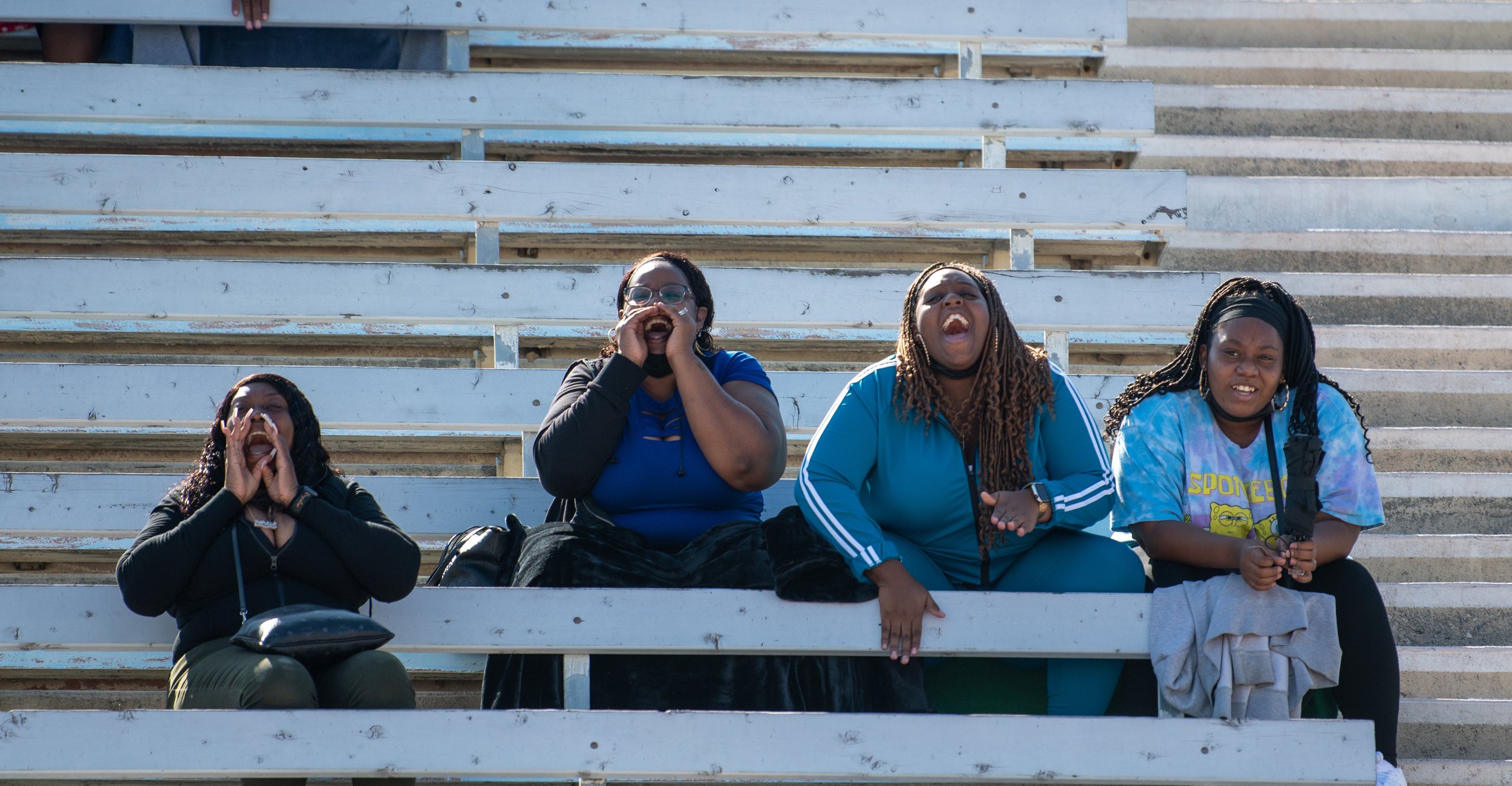  Fans cheer for The Corsairs as they make a drive on Santa Monica College's main campus field in Santa Monica, Calif. on October 23, 2021. The game against Antelope Valley is the first home game since a nine-person COVID infection that forced postpon