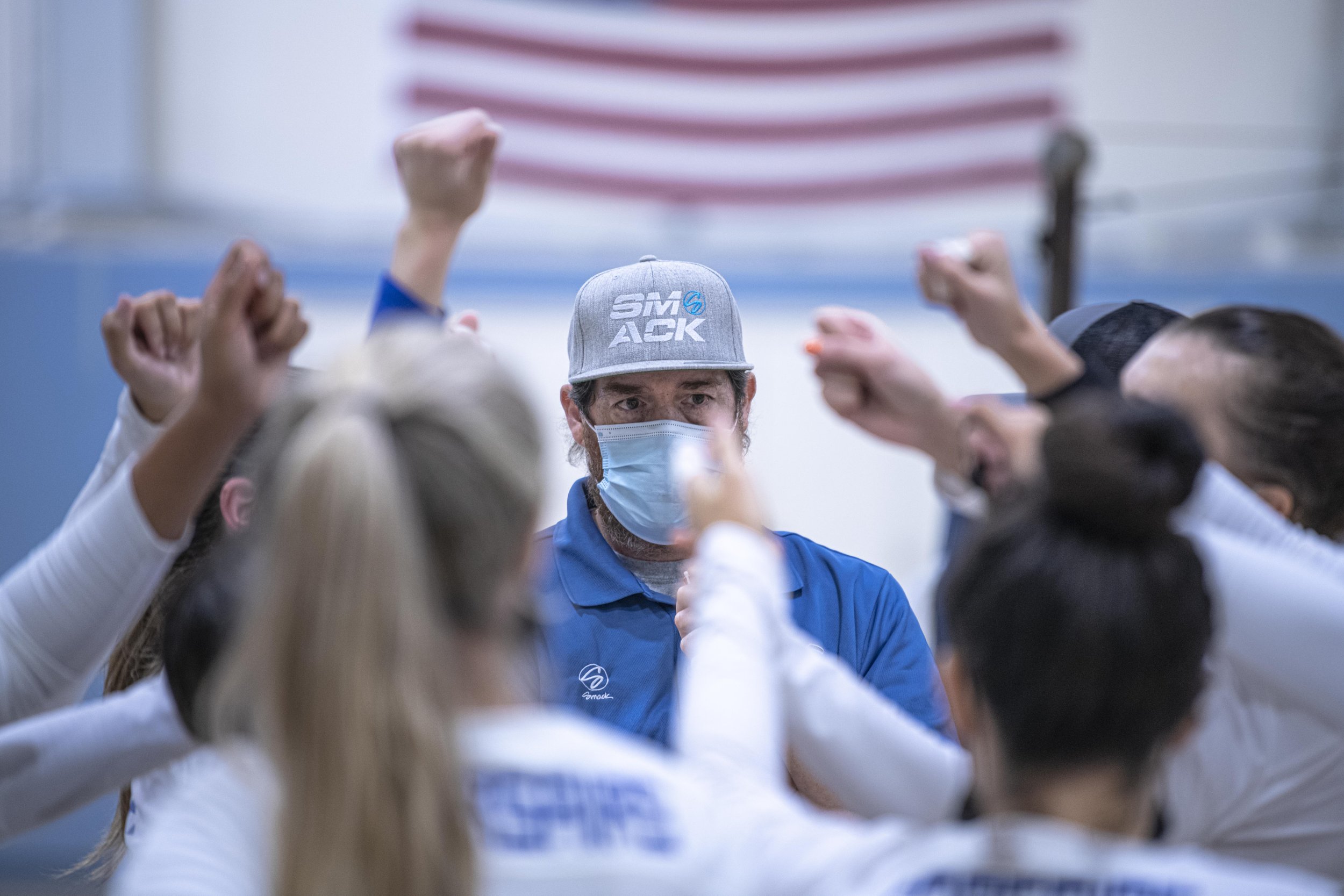  Santa Monica College Corsairs Head Coach Turhan Douglas rallys his team to keep their composure during the final timeout before the Corsairs take the win over Citrus College. (Jon Putman | The Corsair) 