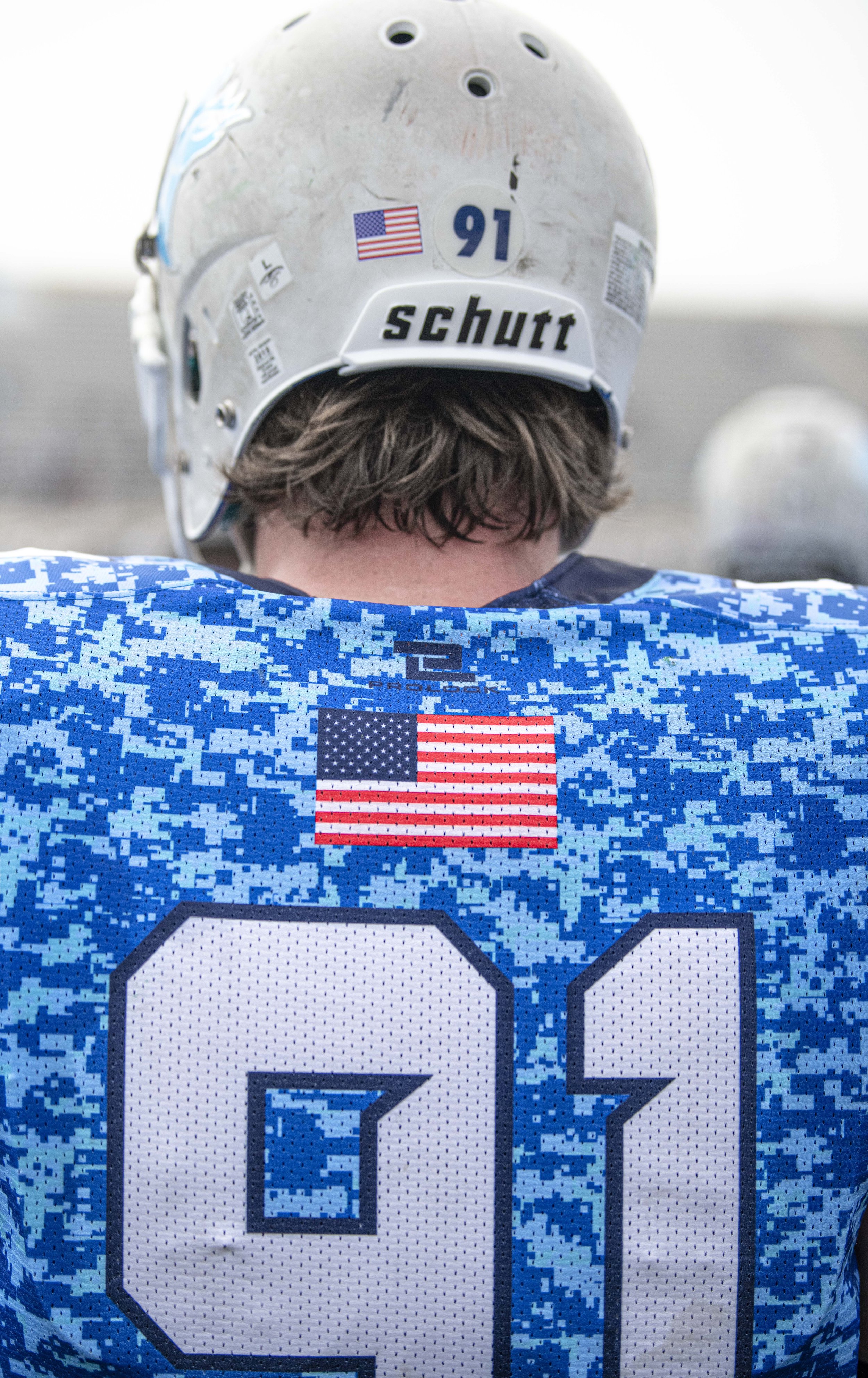  Santa Monica College Corsairs sophomore DL Spencer Neos (91) wears his American Legion Jersey donated to the Corsairs for Veterans Day weekend. (Jon Putman | The Corsair) 